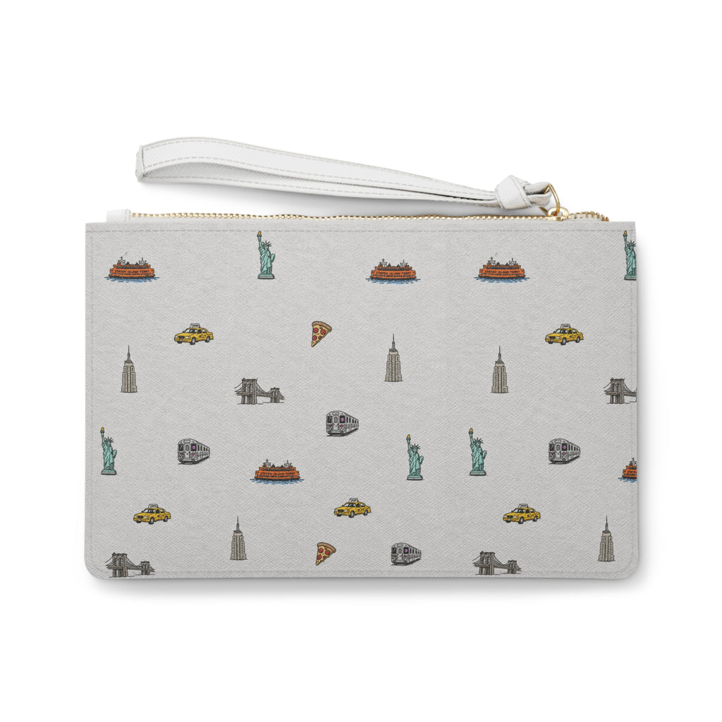Icons of New York City Heather Gray Clutch — Statue of Liberty, Taxi & Pizza Pattern