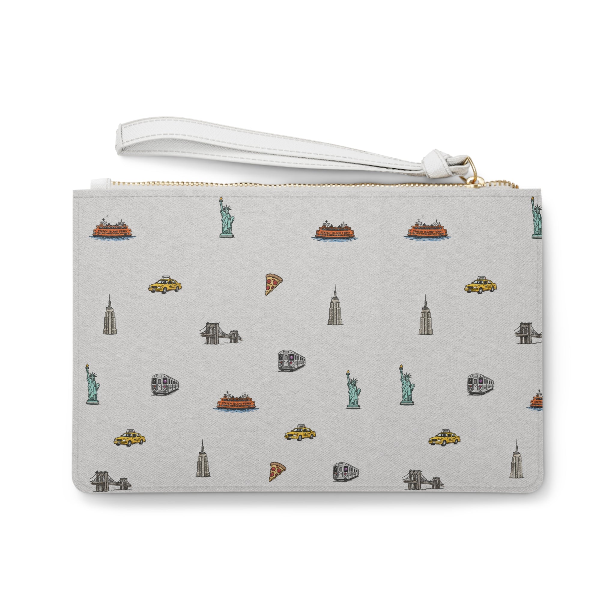 Icons of New York City Heather Gray Clutch — Statue of Liberty, Taxi & Pizza Pattern