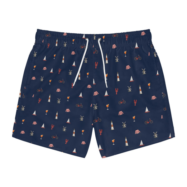 Icons of the Hamptons Swim Trunks — Men's Navy All-Over Coastal Pattern