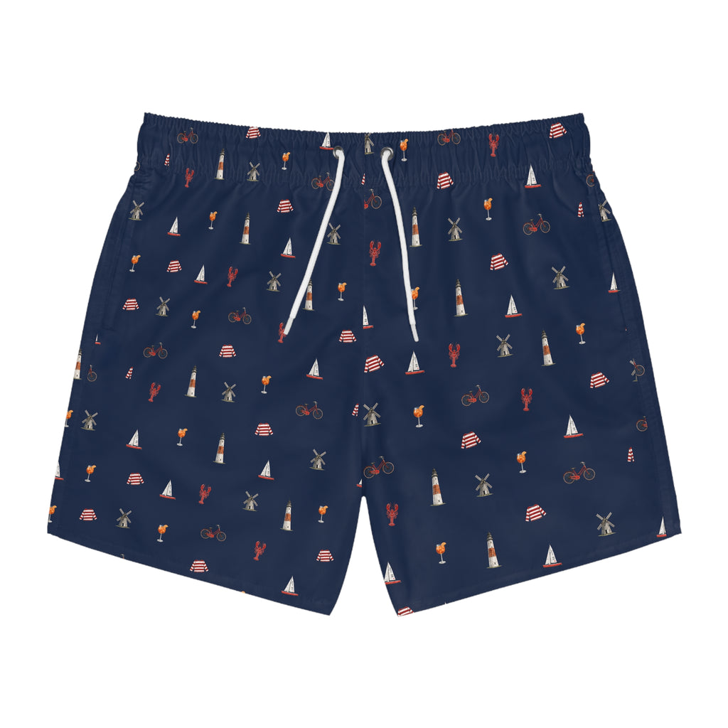 Icons of the Hamptons Swim Trunks — Men's Navy All-Over Coastal Pattern