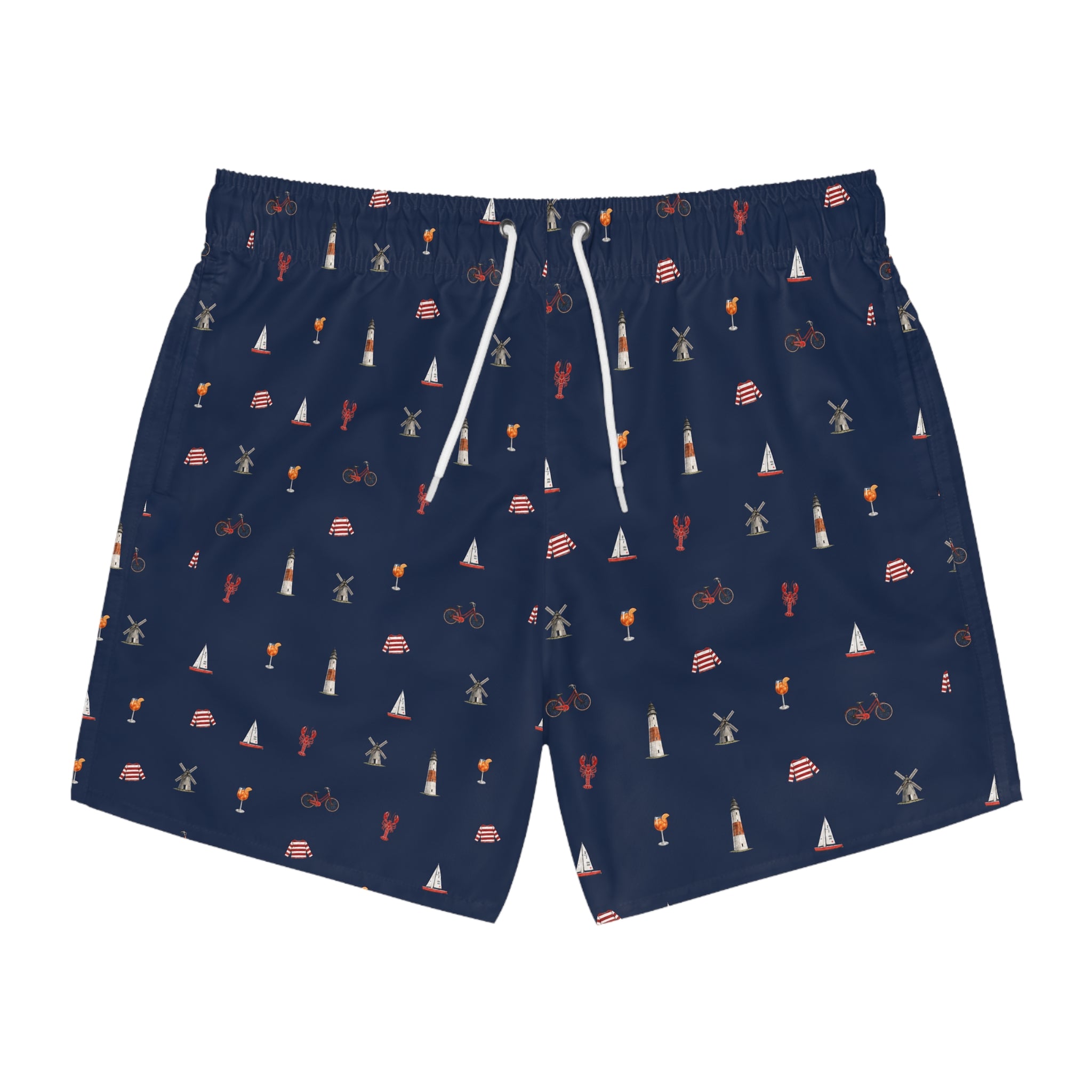 Icons of the Hamptons Swim Trunks — Men's Navy All-Over Coastal Pattern