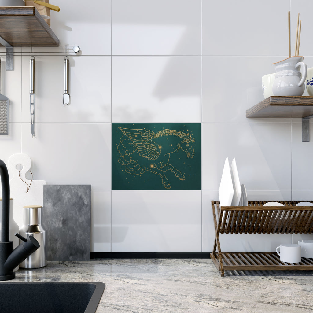 Grand Central Station-inspired Gold Pegasus on Teal Ceramic Bath Tile — Gold Constellation Winged Horse Art Tile 6" x 8"