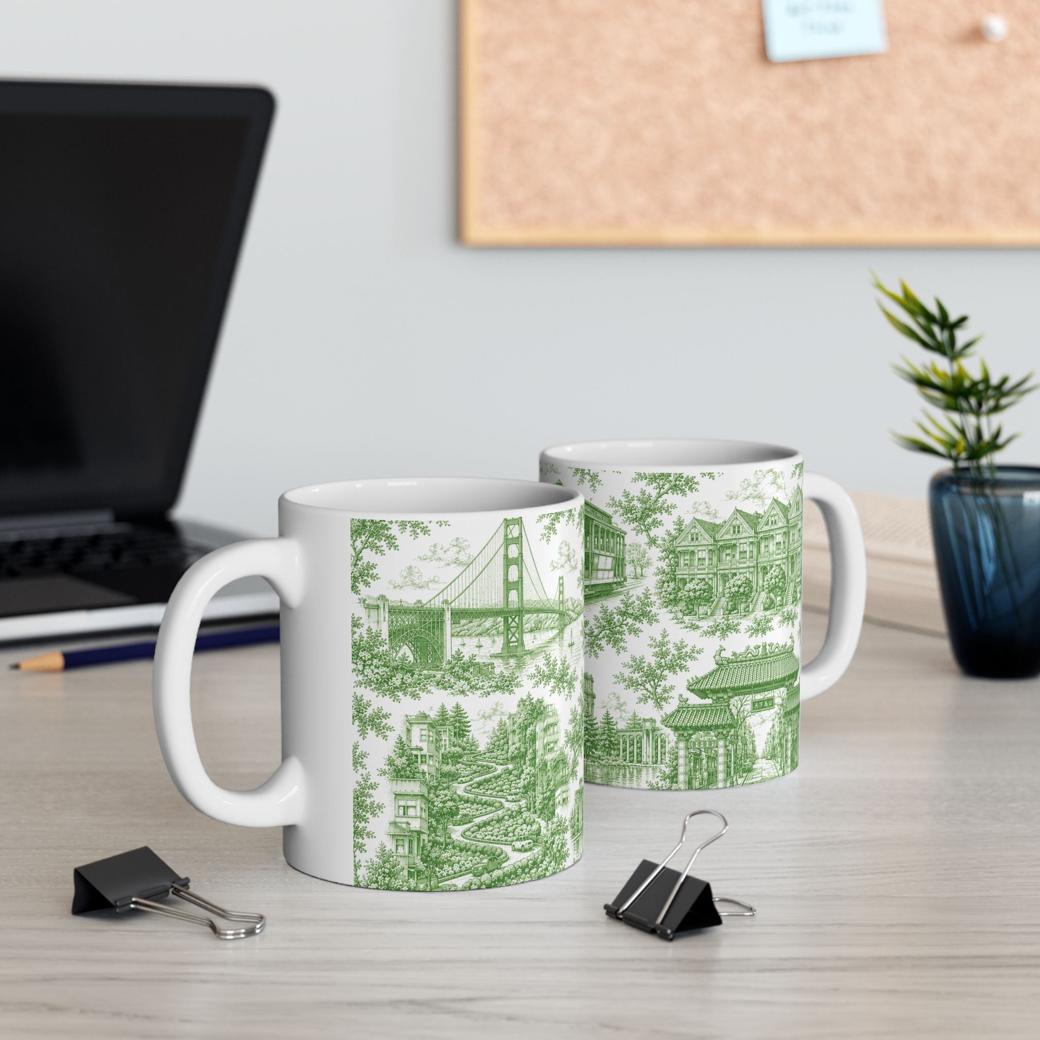 San Francisco Green Toile de Jouy Ceramic Mug — Vintage Cable Car & Palace of Fine Arts Design (11oz)