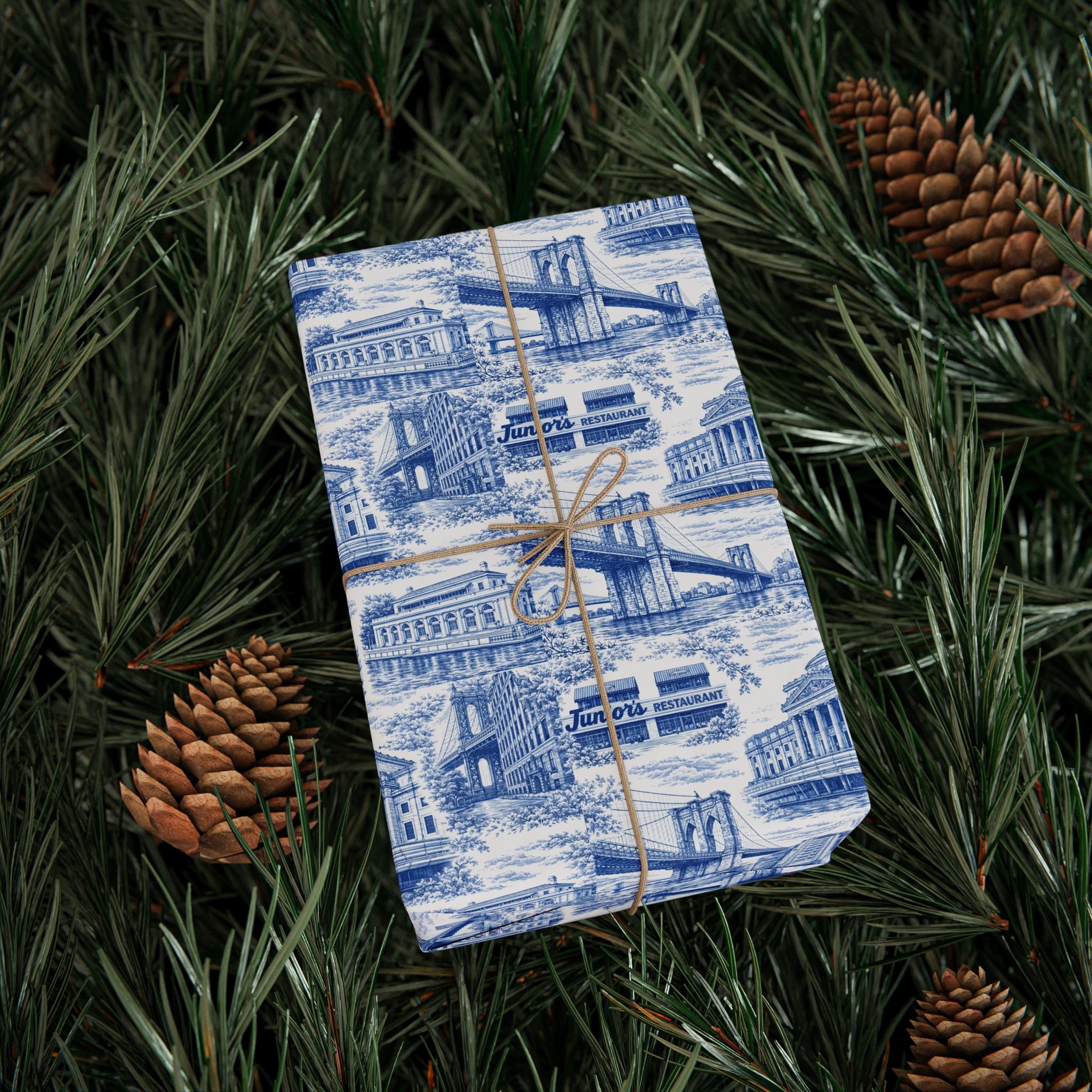 Brooklyn NYC Blue Toile Gift Wrapping Papers   Chinoiserie New York City Gift Wrap Brooklyn Bridge Prospect Park Junior's DUMBO Museum