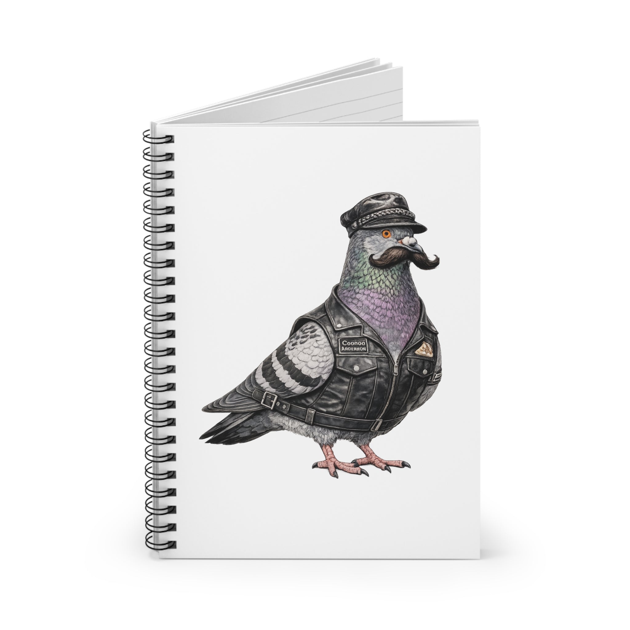Customizable Chelsea NYC Pigeon Spiral Journal | LGBTQ Black Leather Biker Bird Lovers Notebook