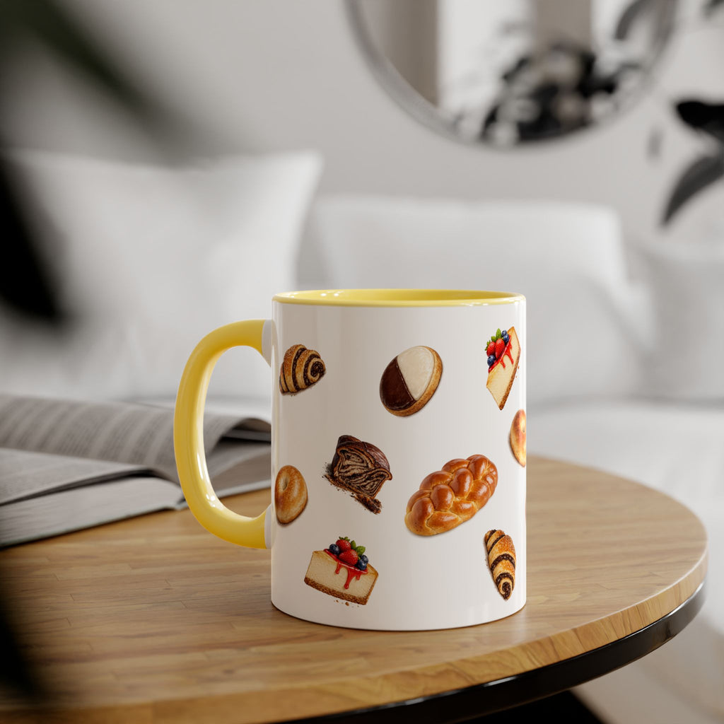 NYC Kosher Bakery Pattern Mug | Babka Cheesecake Rugelach Black + White Cookie Challah Bagel 11oz Ceramic Coffee Cup