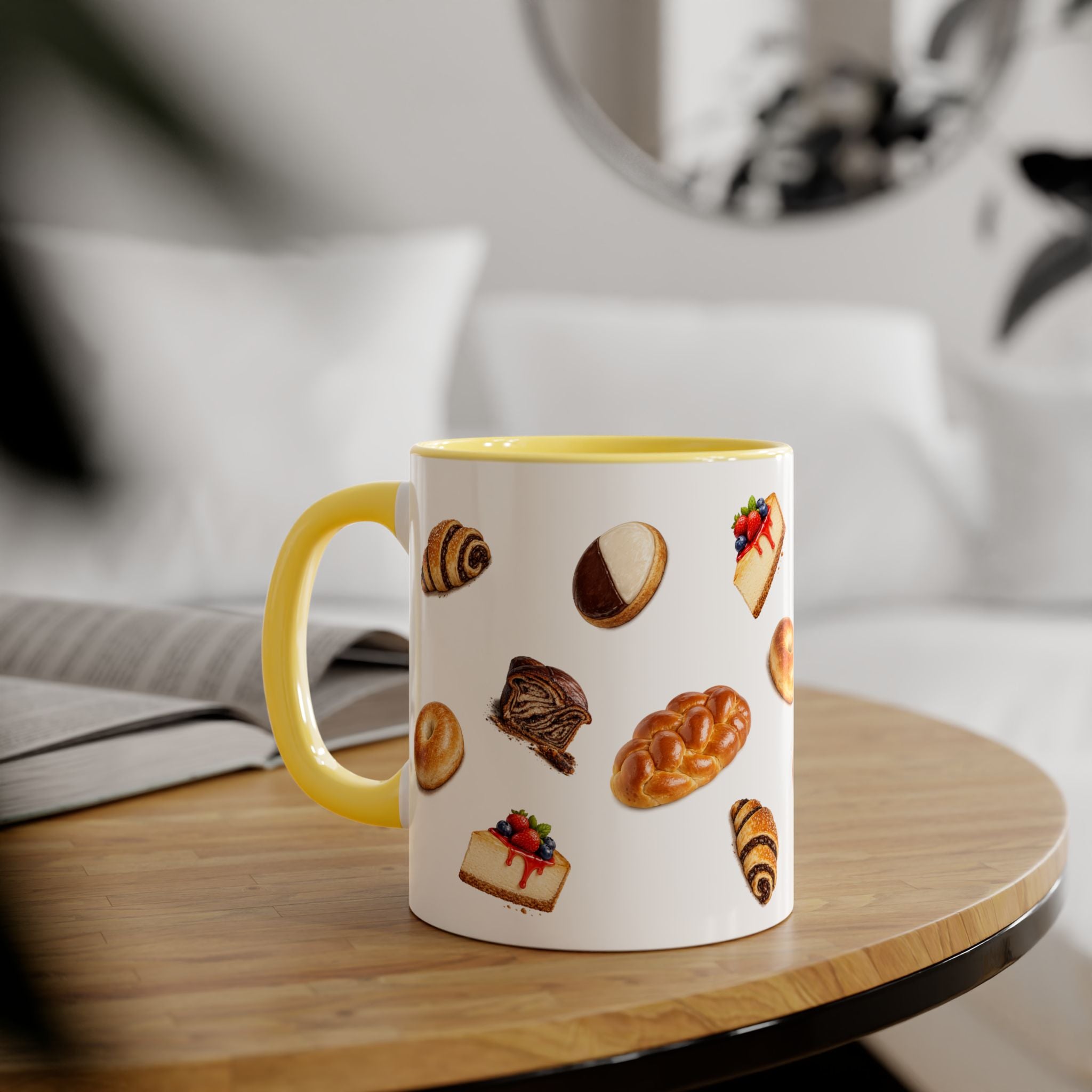 NYC Kosher Bakery Pattern Mug | Babka Cheesecake Rugelach Black + White Cookie Challah Bagel 11oz Ceramic Coffee Cup
