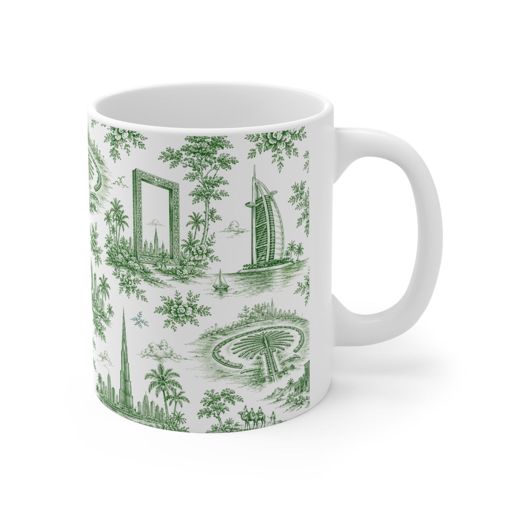 Dubai Green Toile de Jouy Ceramic Mug -  Coffee Cup (11oz; Ships from Europe)