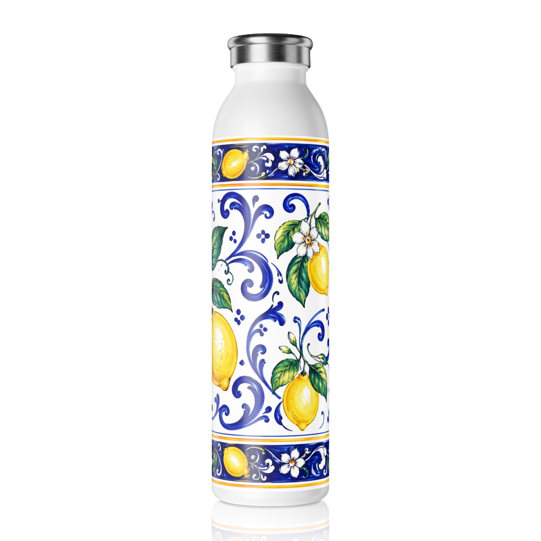 Little Italy Amalfi Blue and White with Lemon Slim Water Bottle — Mediterranean Lemon Ceramic-Style Stainless Bottle