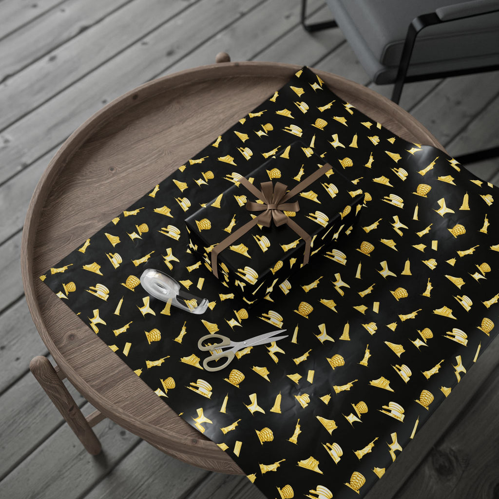 Gold NYC Landmarks on Black Gift Wrap Paper | New York Statue of Liberty Oculus Vessel Brooklyn Bridge Guggenheim Wrapping Paper Roll