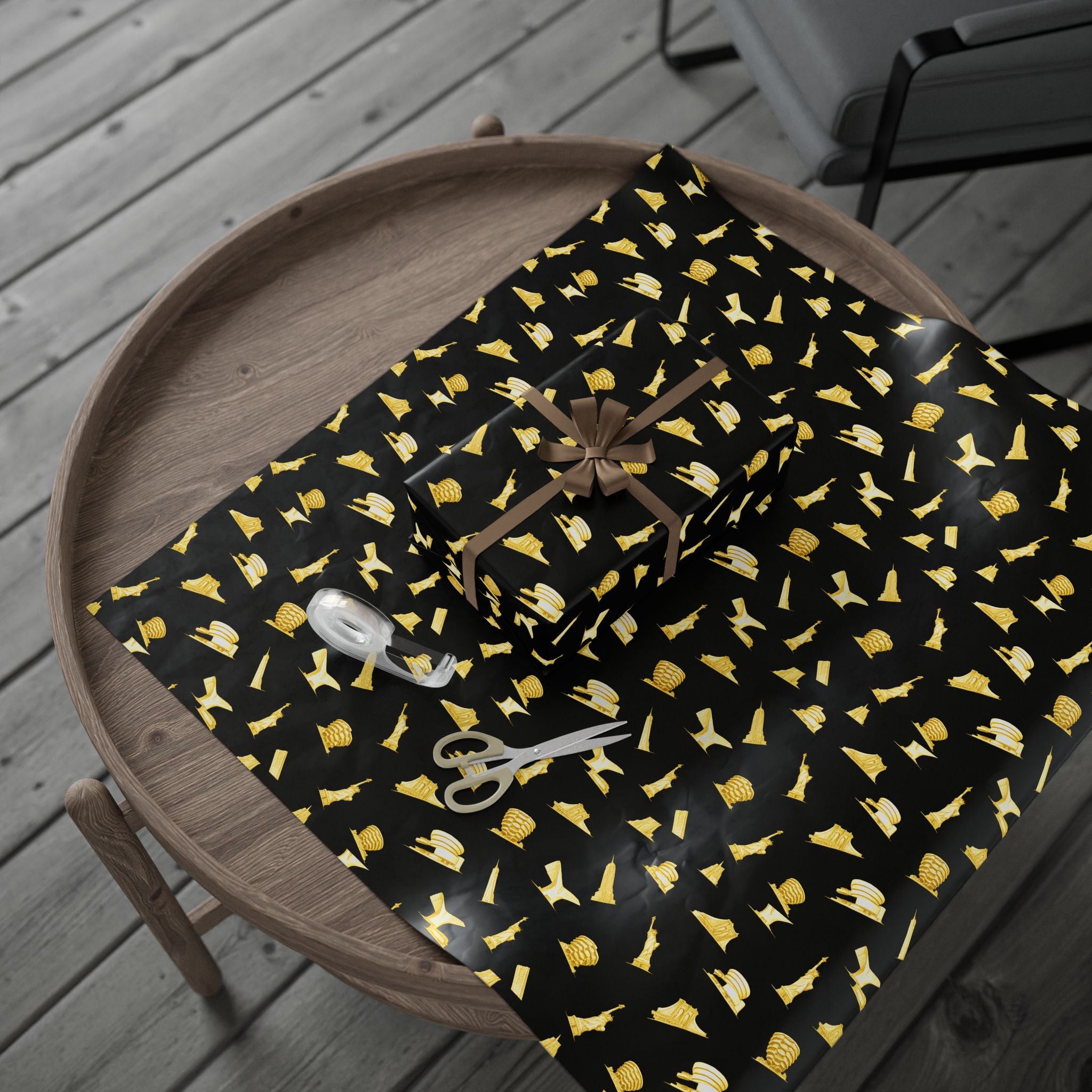 Gold NYC Landmarks on Black Gift Wrap Paper | New York Statue of Liberty Oculus Vessel Brooklyn Bridge Guggenheim Wrapping Paper Roll
