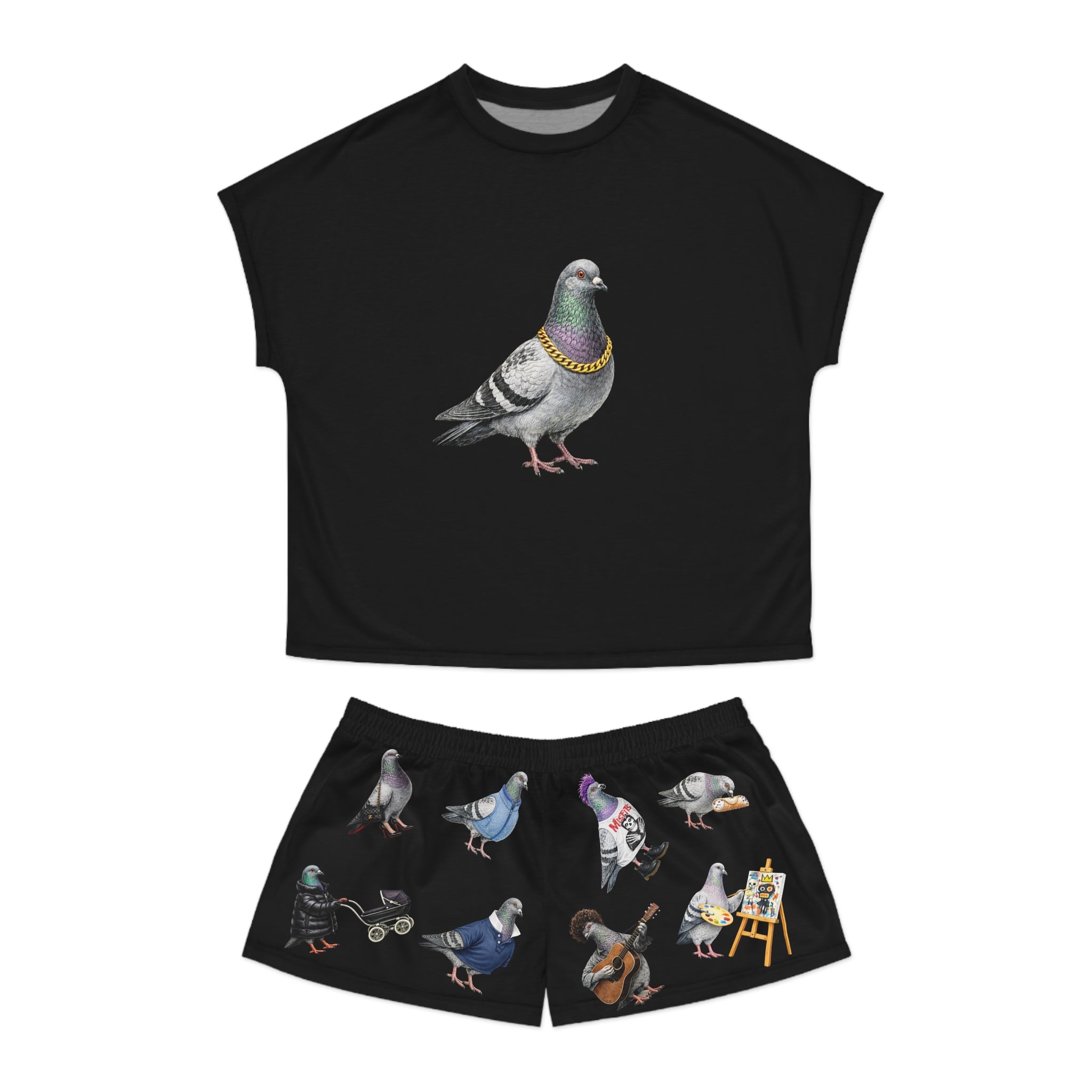 Black NYC Pigeons Pattern Short Pajama Set | New York City Bird Lovers Print PJs Cozy Sleepwear