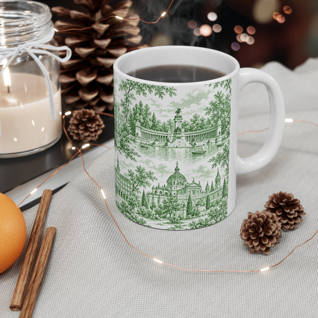 Madrid Green Toile de Jouy Ceramic Mug — (11oz; Ships from Europe)