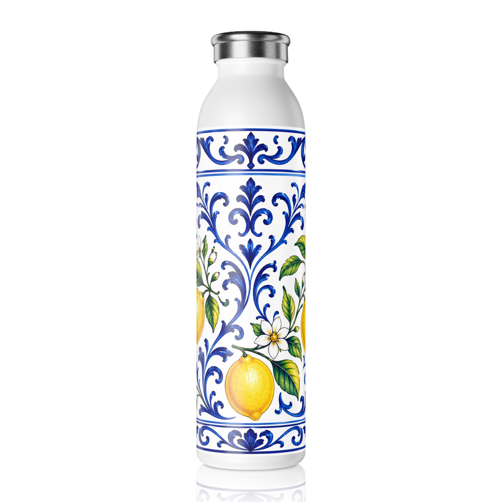Little Italy Amalfi Blue and White with Lemon Slim Water Bottle — Mediterranean Lemon Ceramic-Style Stainless Bottle