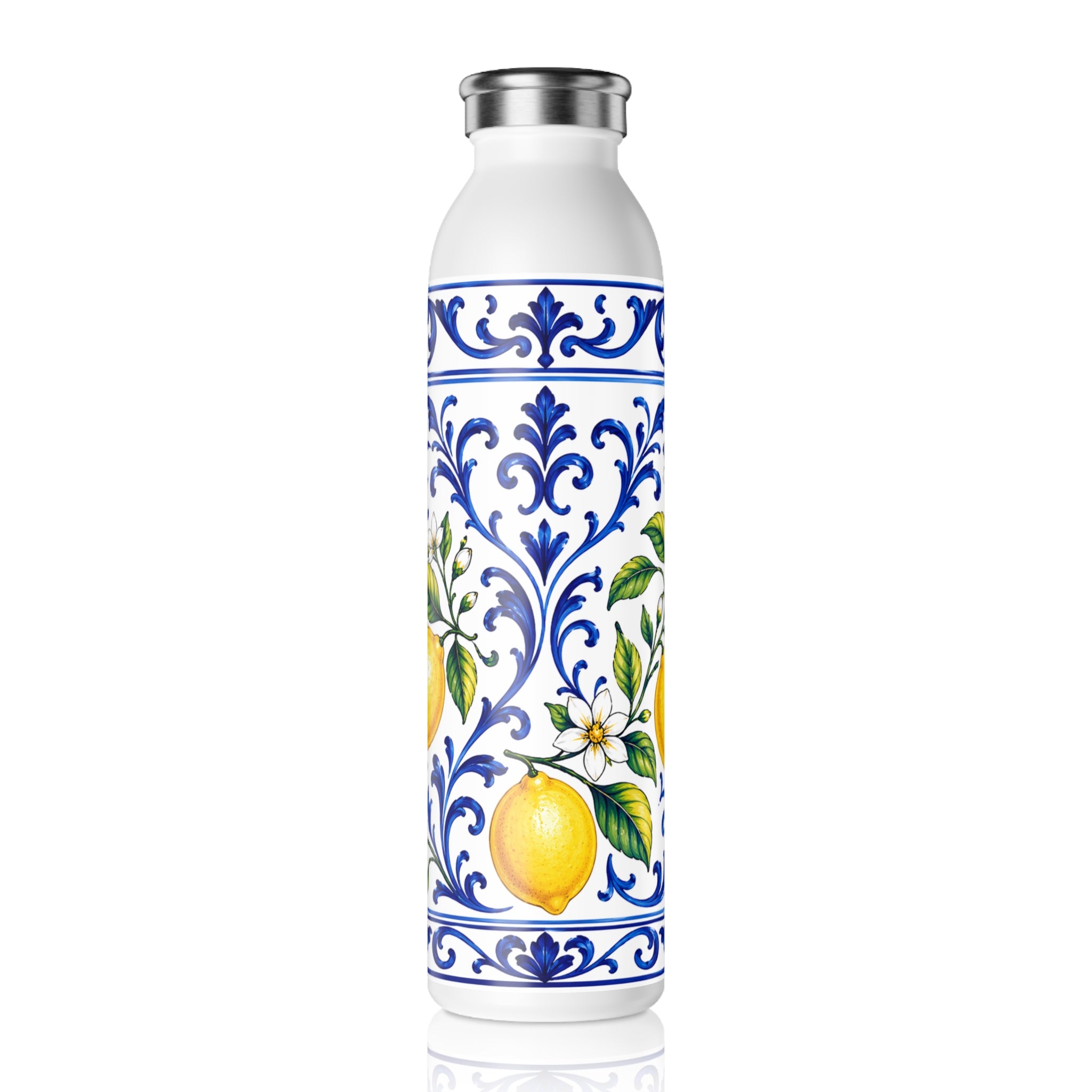 Little Italy Amalfi Blue and White with Lemon Slim Water Bottle — Mediterranean Lemon Ceramic-Style Stainless Bottle