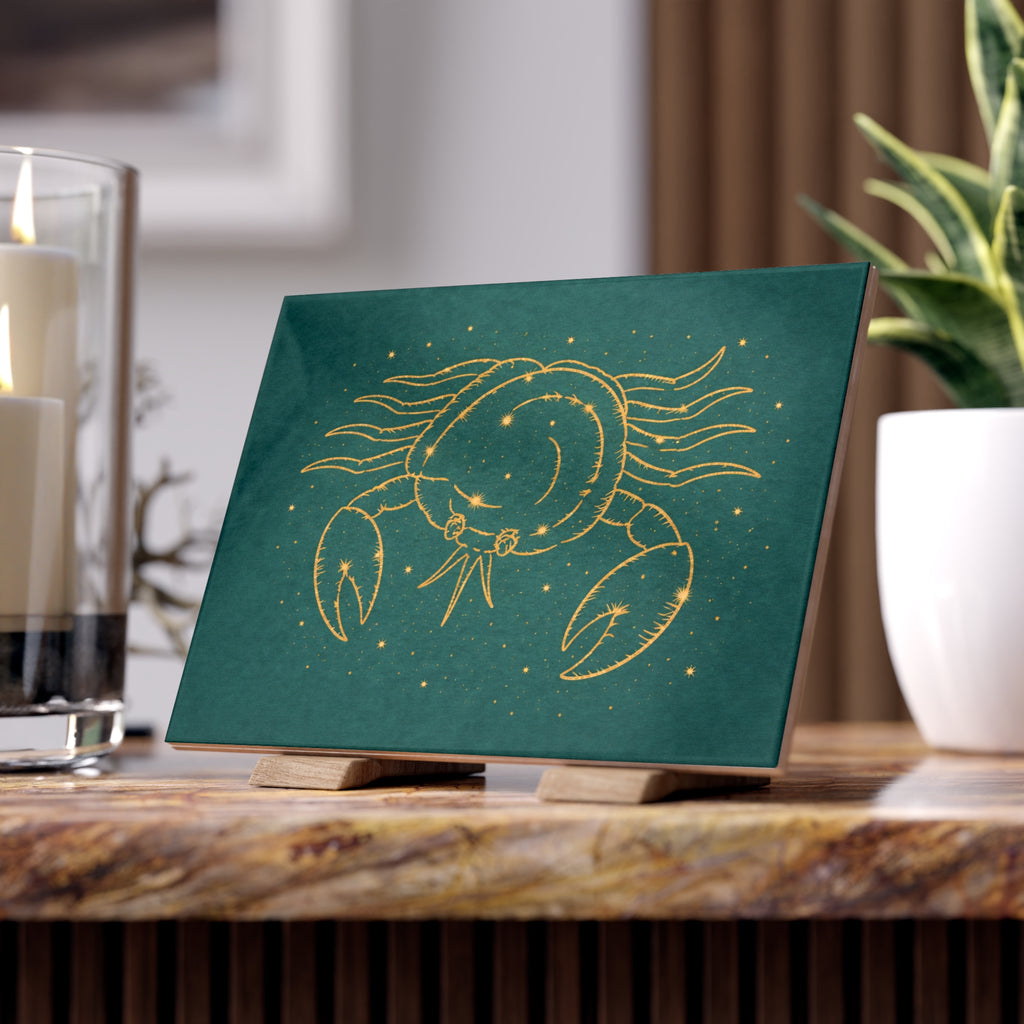 Grand Central Station-inspired Gold Cancer Zodiac Crab on Teal Bath Tile (Astrology Home Décor)