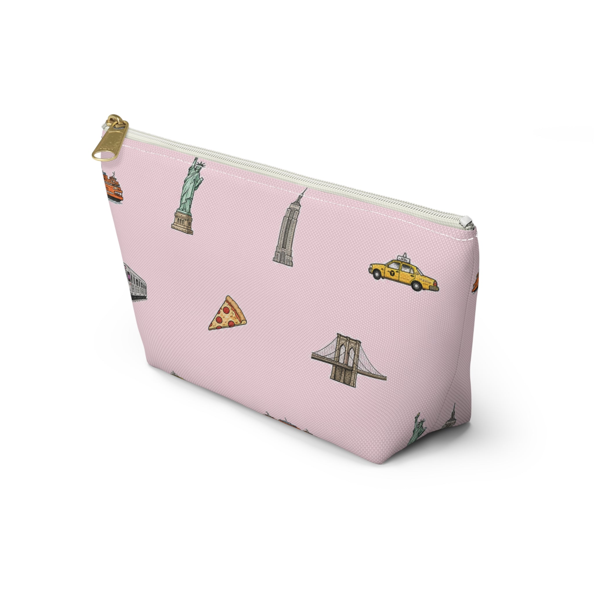Icons of New York City Pink  Accessory Pouch — T-Bottom Makeup Bag with Statue of Liberty, Taxi & Pizza Pattern