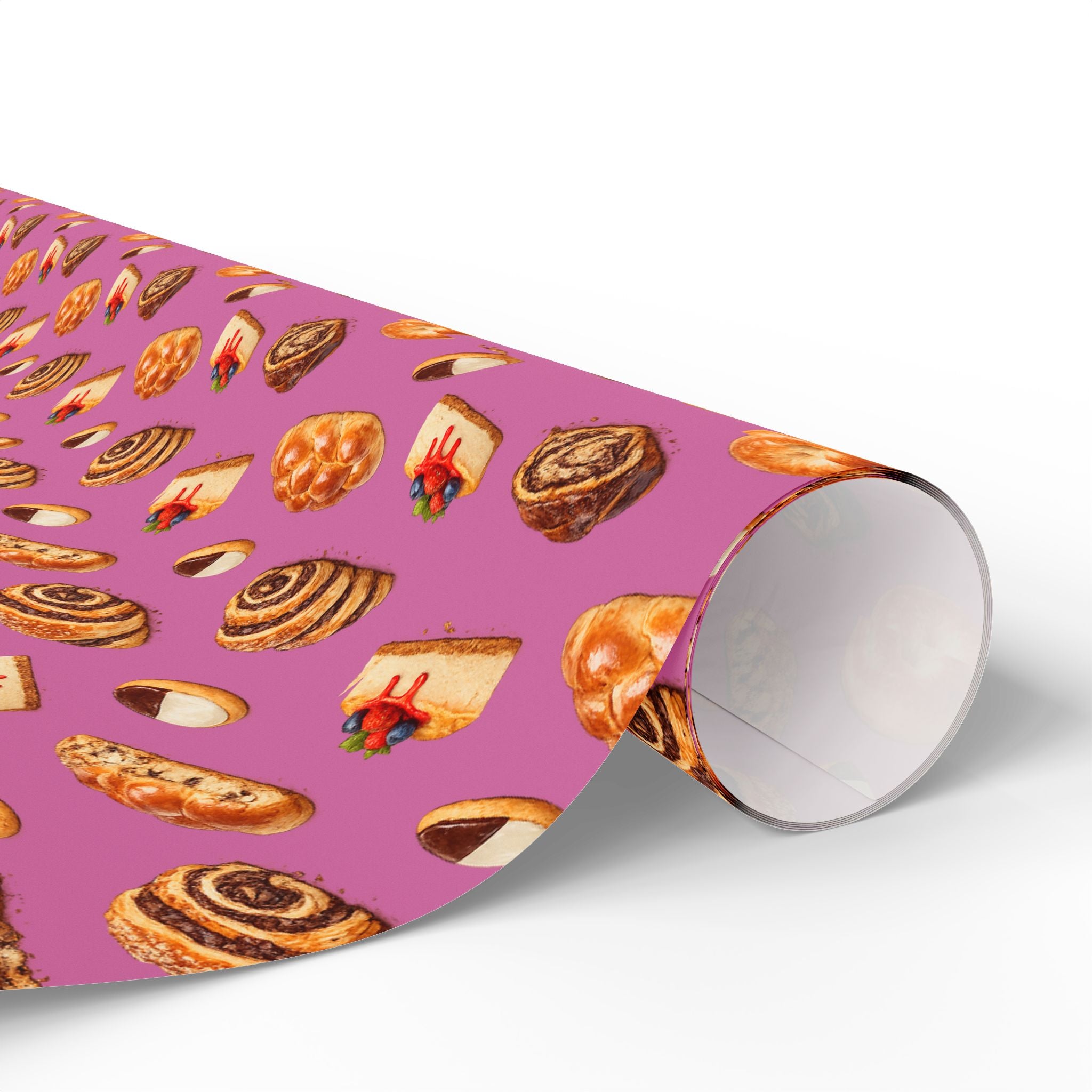 Kosher Bakery Pastries Pattern Pink Gift Wrap Paper | Bagels Challah Cheesecake Roll Gift Wrapping Paper