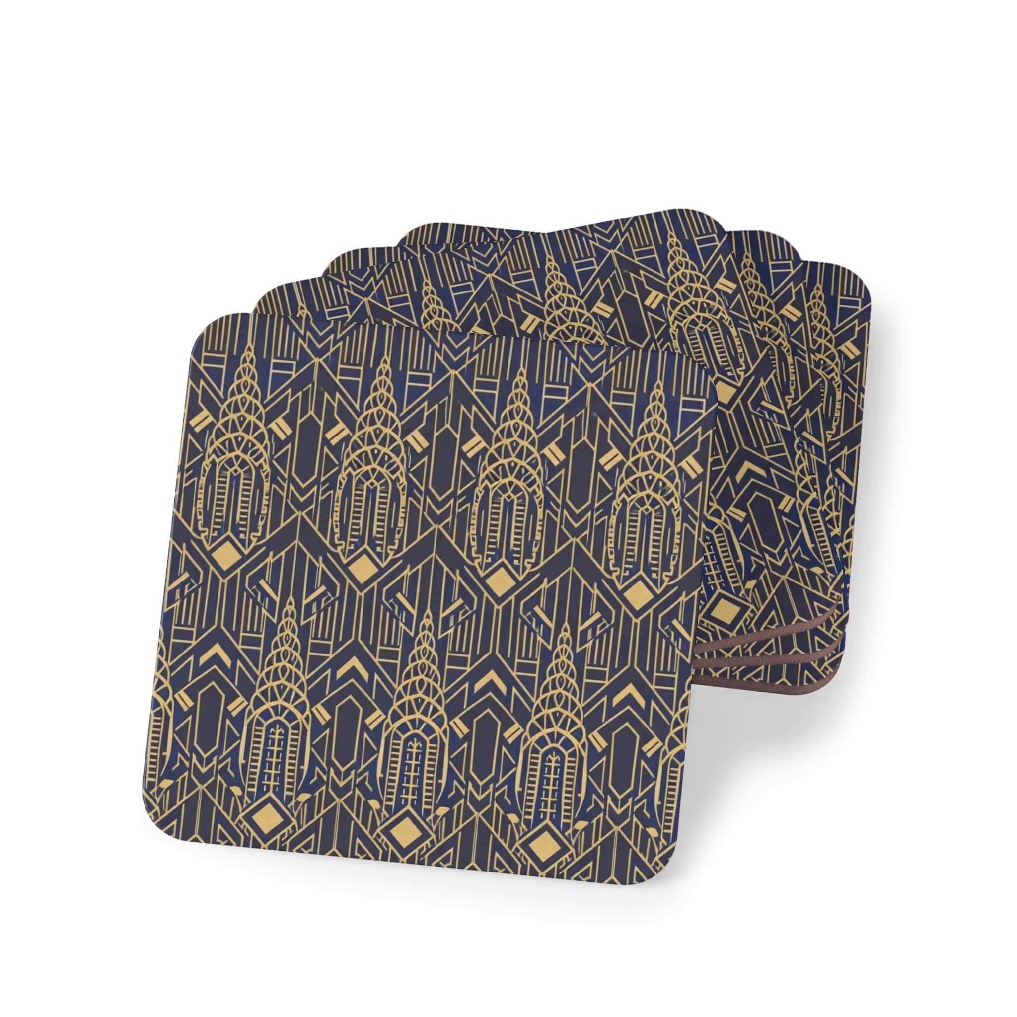 Art Deco Chrysler Building Gold & Navy Cork Coaster Set — Geometric Vintage Cocktail Coasters Set of 4