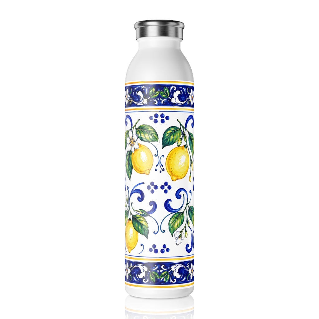 Little Italy Amalfi Blue and White with Lemon Slim Water Bottle — Mediterranean Lemon Ceramic-Style Stainless Bottle
