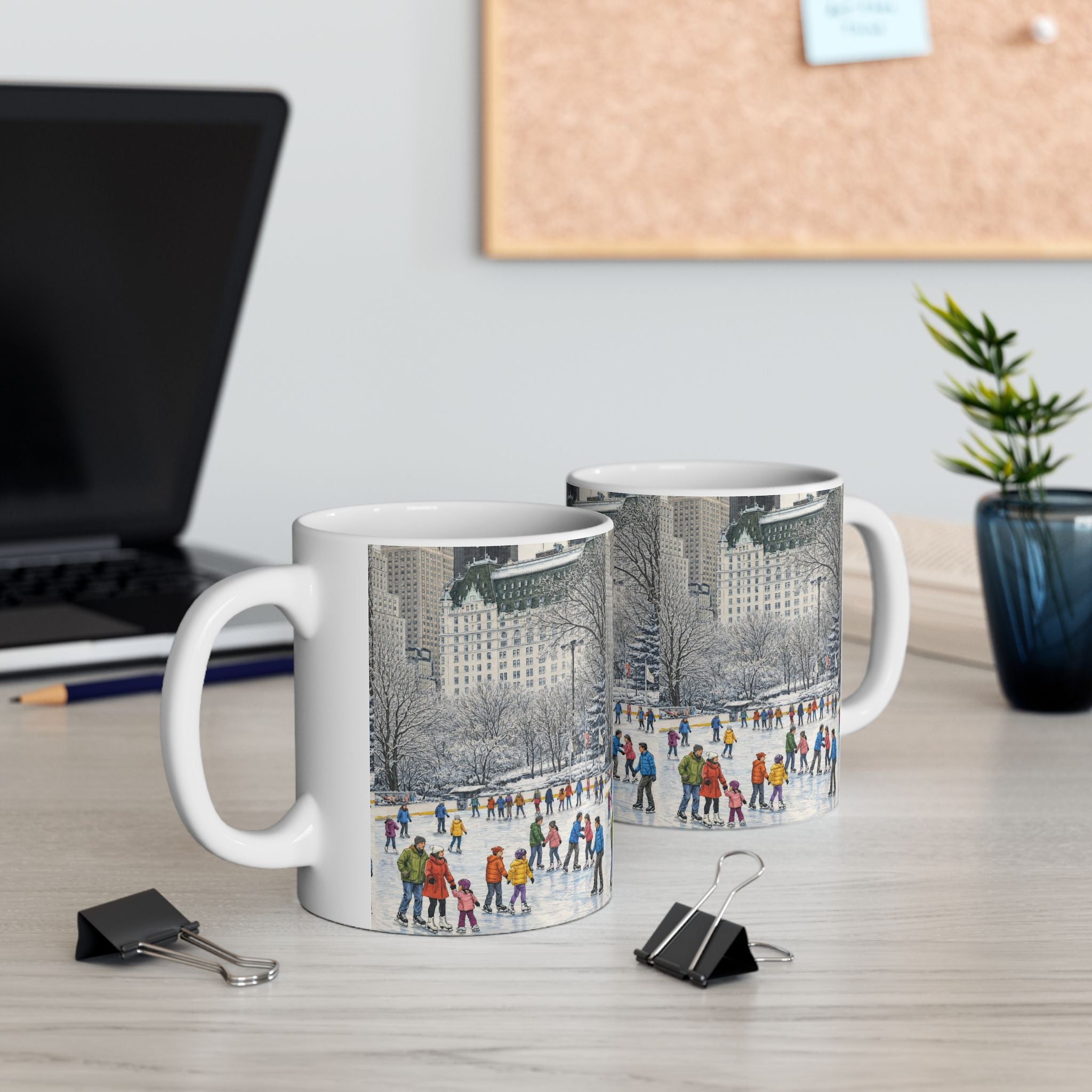 Central Park Wollman Rink Ice Skating Scene Mug | NYC The Plaza Winter Ceramic Coffee Cup