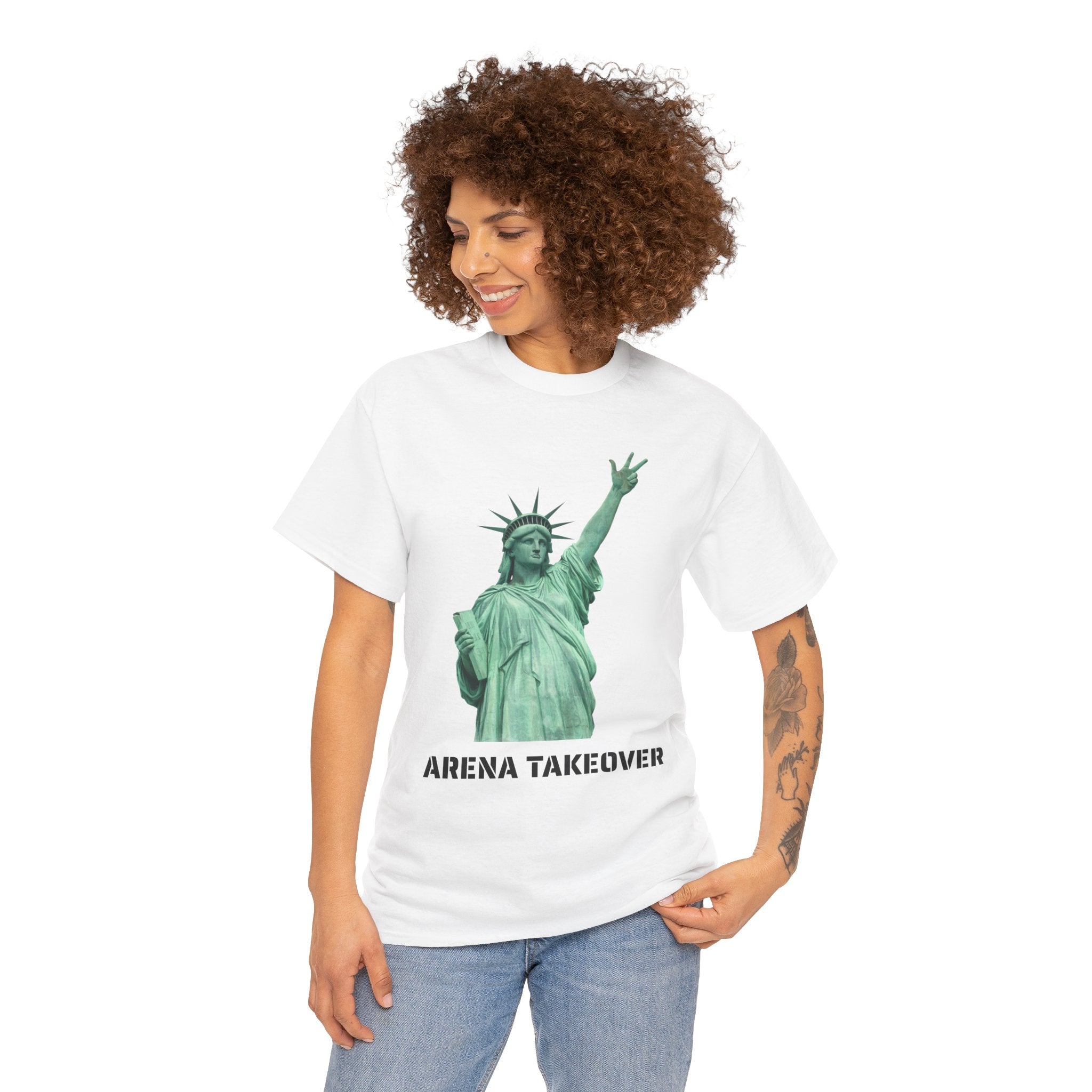 Arena Takeover Statue of Liberty Three Points T-Shirt | NYC Jalen Brunson Basketball 3 Point Shot Tee
