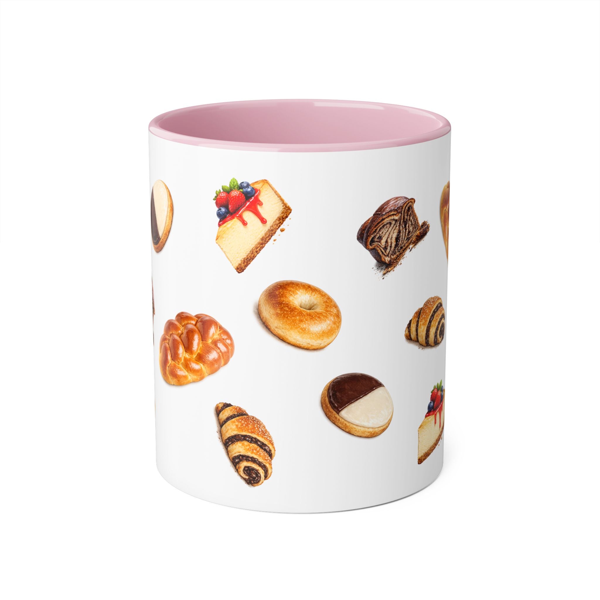 NYC Kosher Bakery Pattern Mug | Babka Cheesecake Rugelach Black + White Cookie Challah Bagel 11oz Ceramic Coffee Cup