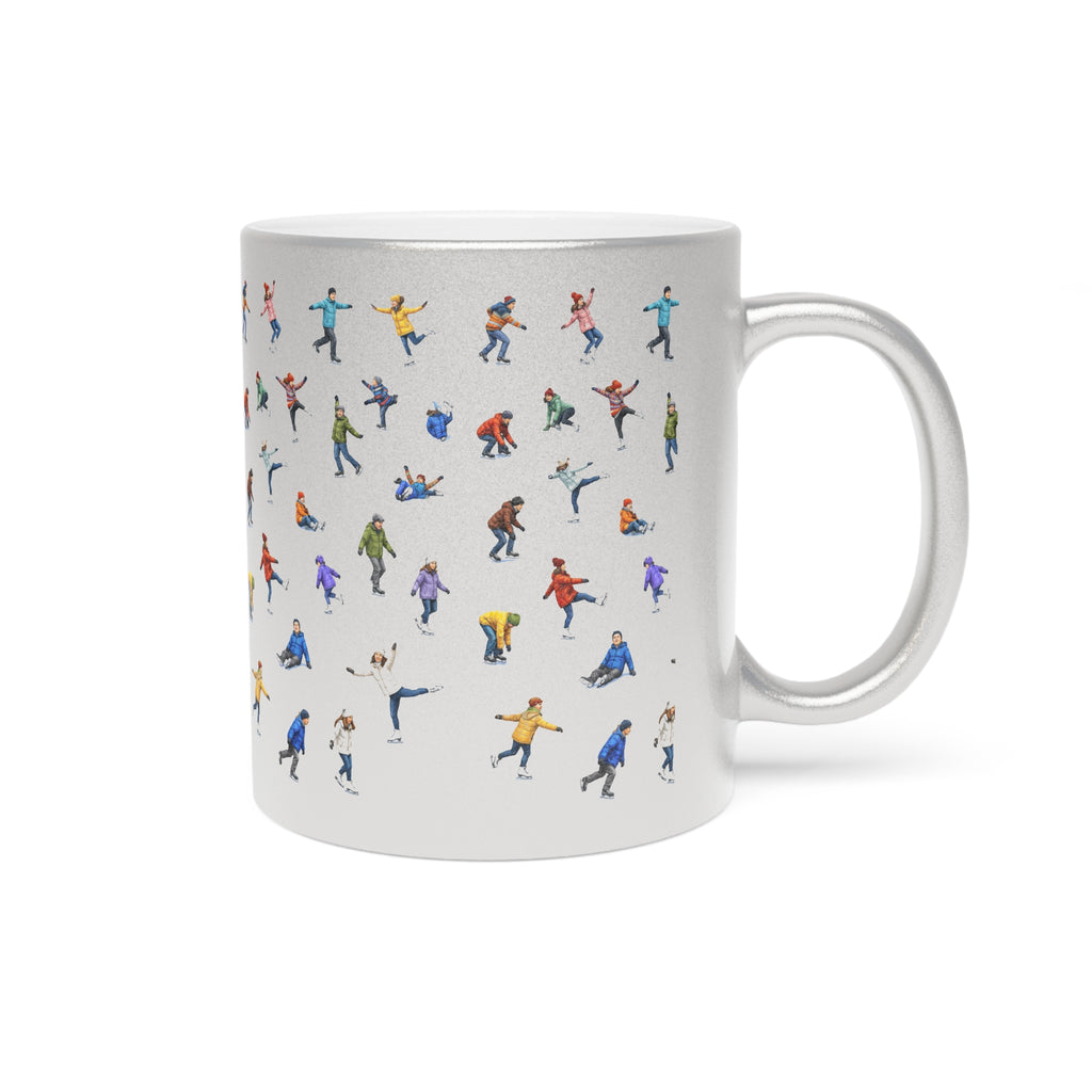Ice Skaters on Ice Silver Metallic Mug | Winter Wonderland Hot Chocolate Coffee Sparkle Mug