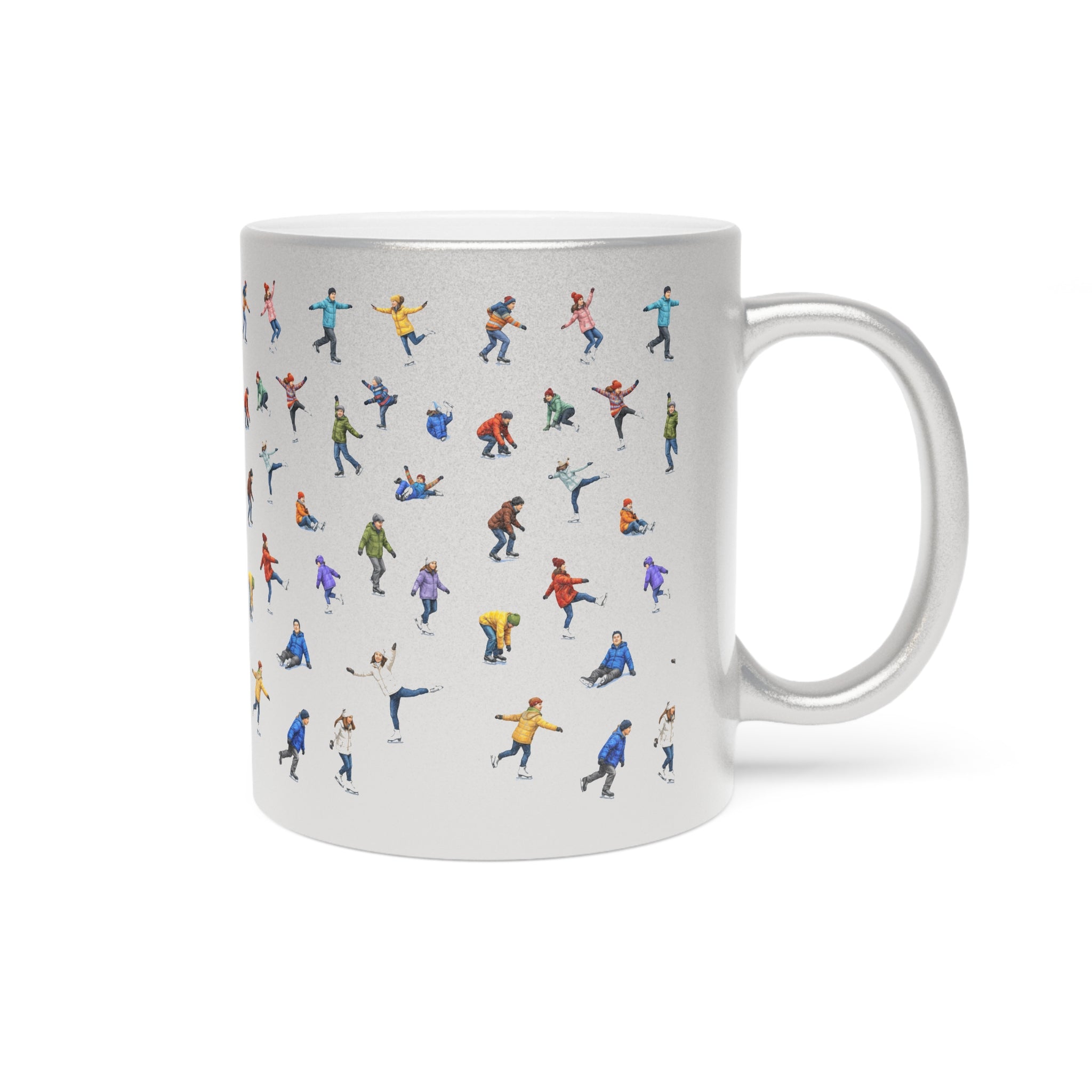 Ice Skaters on Ice Silver Metallic Mug | Winter Wonderland Hot Chocolate Coffee Sparkle Mug