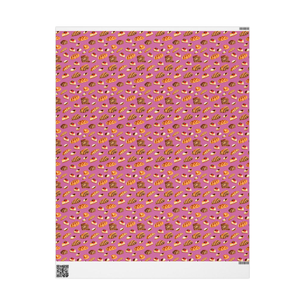Kosher Bakery Pastries Pattern Pink Gift Wrap Paper | Bagels Challah Cheesecake Roll Gift Wrapping Paper