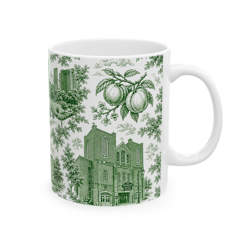 Atlanta Green Toile de Jouy Ceramic Mug — Atlanta, Georgia Skyline & Capitol Illustration (11oz)