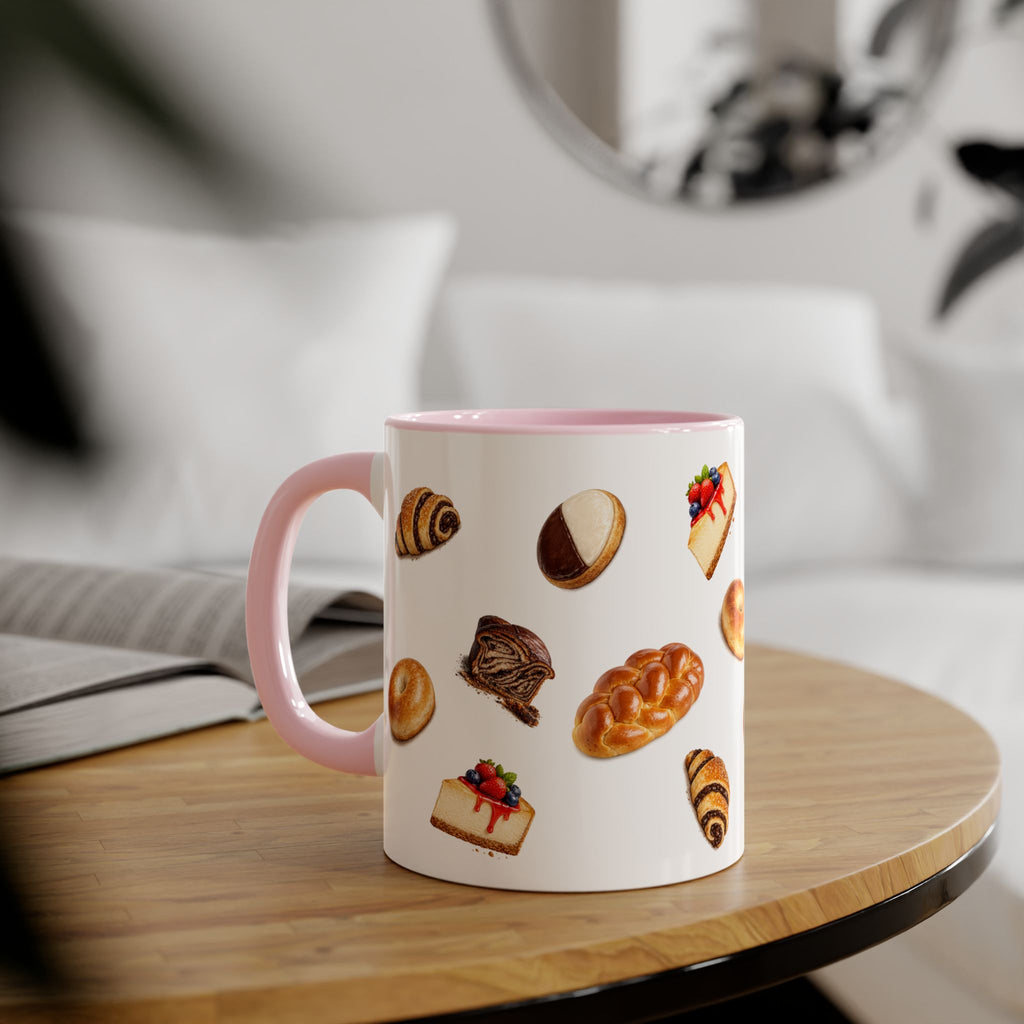 NYC Kosher Bakery Pattern Mug | Babka Cheesecake Rugelach Black + White Cookie Challah Bagel 11oz Ceramic Coffee Cup
