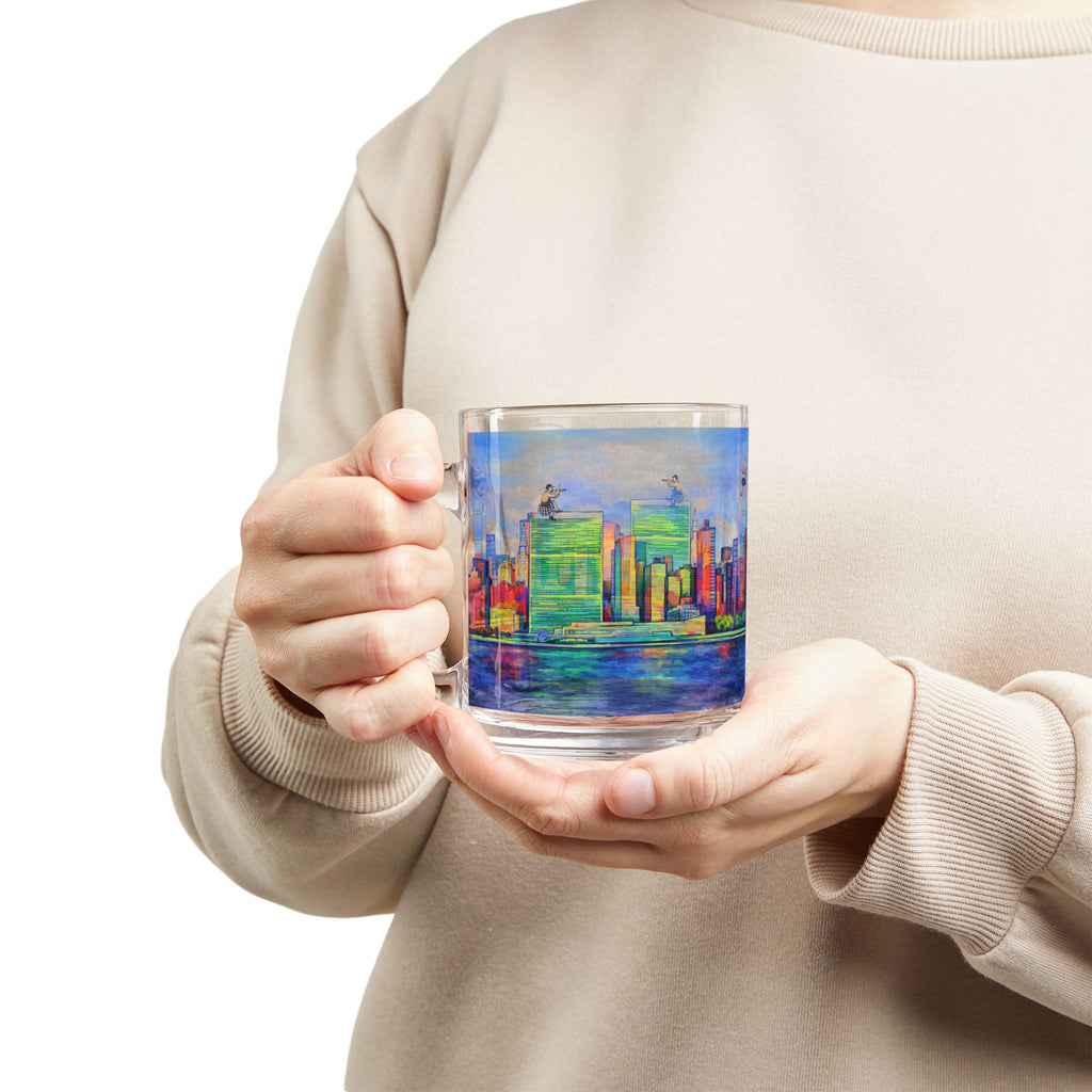 Fiddler on the Manhattan Roof Marc Chagall-inspired Glass Mug | 10oz NYC Manhattan Skyline Pattern
