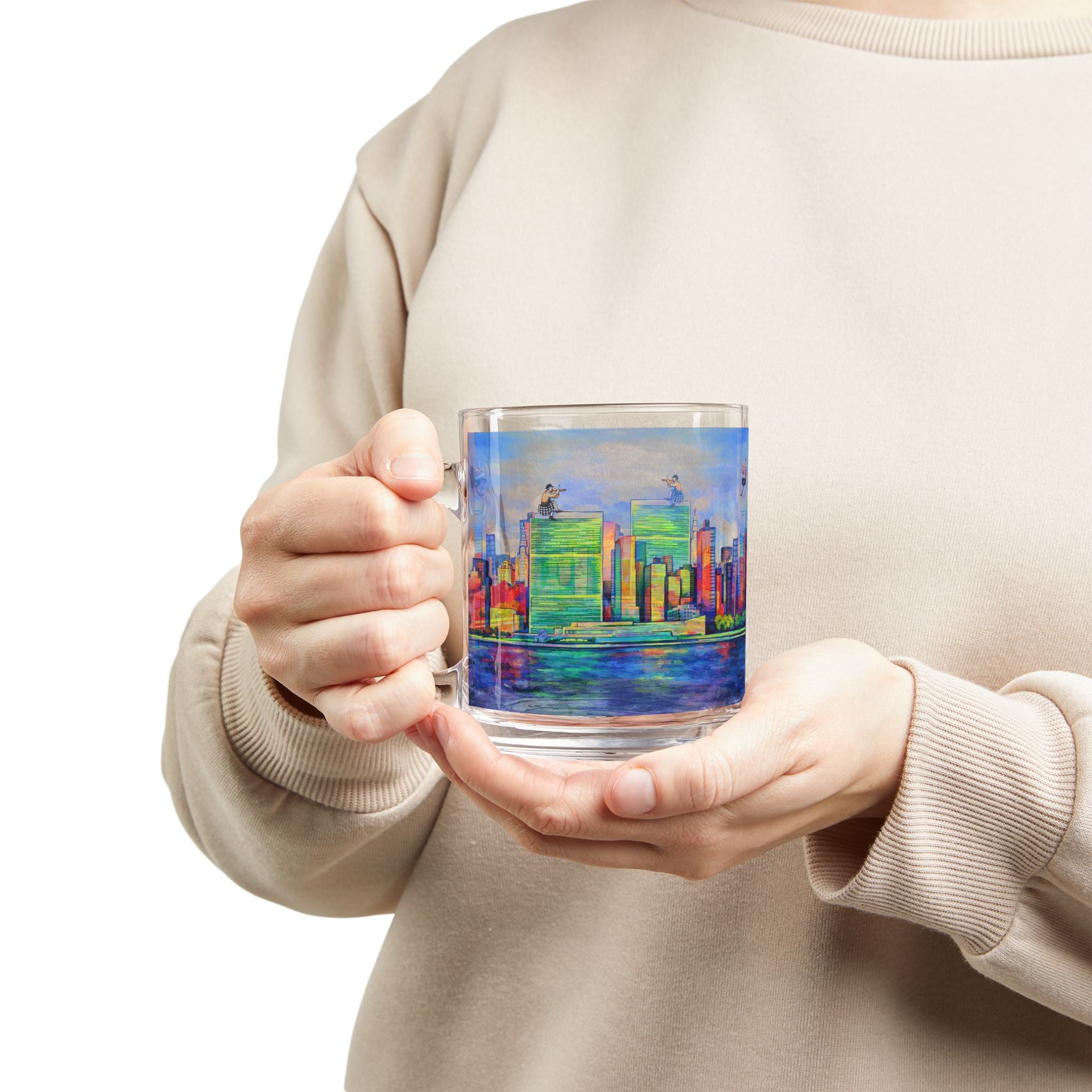 Fiddler on the Manhattan Roof Marc Chagall-inspired Glass Mug | 10oz NYC Manhattan Skyline Pattern