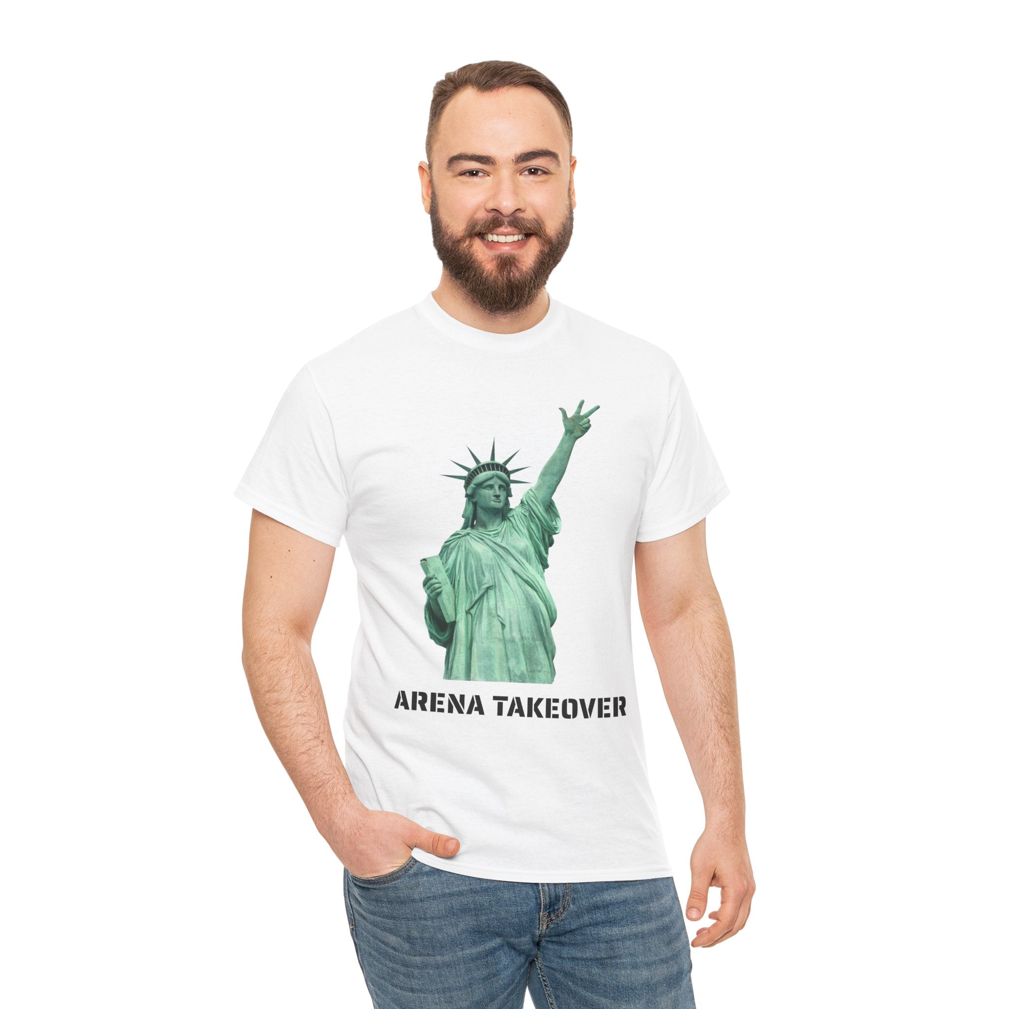 Arena Takeover Statue of Liberty Three Points T-Shirt | NYC Jalen Brunson Basketball 3 Point Shot Tee