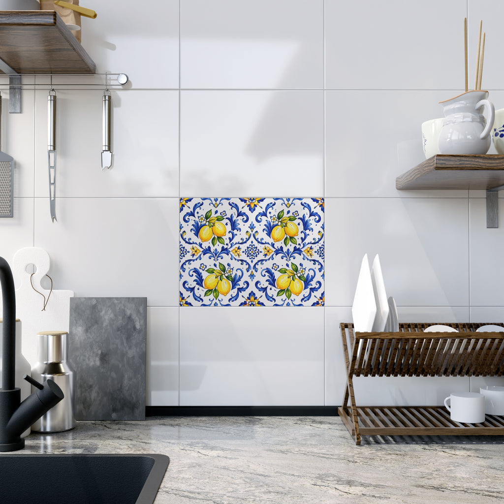 Little Italy Amalfi Blue and White with Lemon Ceramic Tile - Mediterranean Lemon Decorative Kitchen Backsplash Tile Art 6" x 8"
