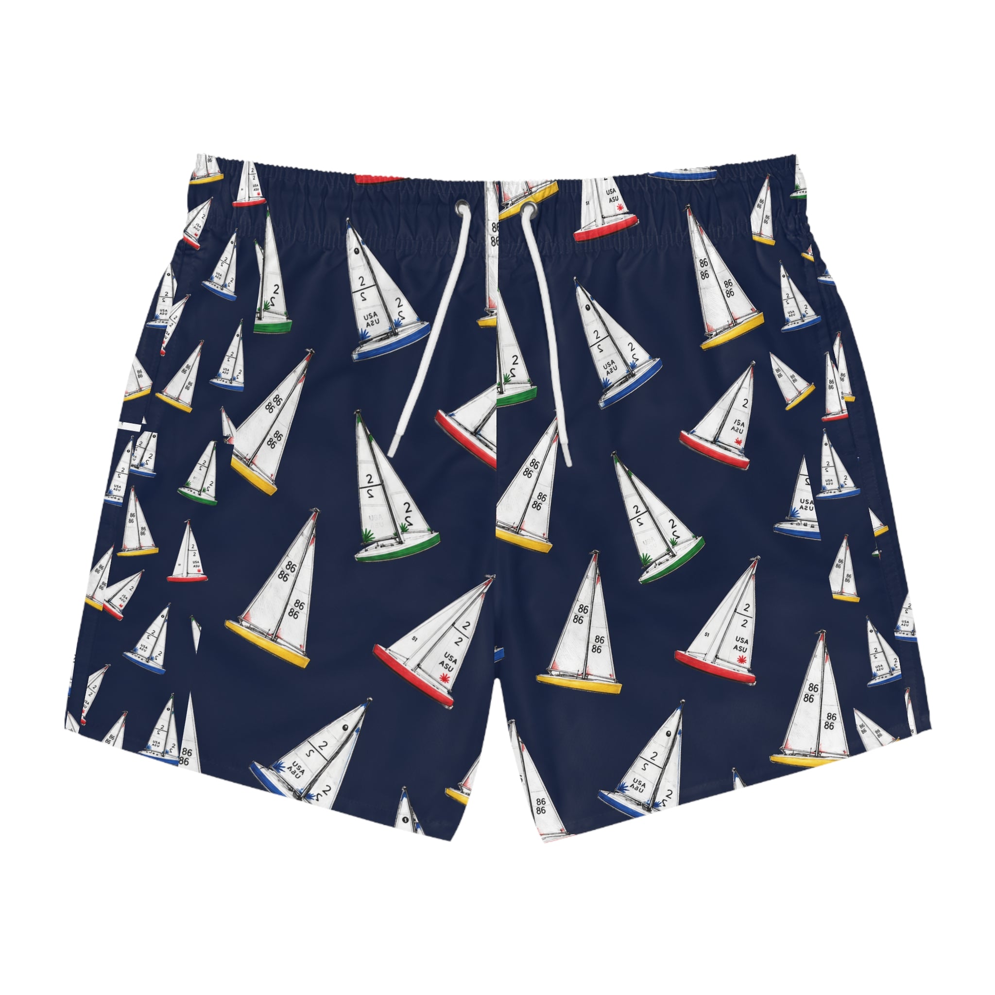 Central Park Model Sailboats Print Swim Trunks — Men's Navy All-Over Sail Pattern