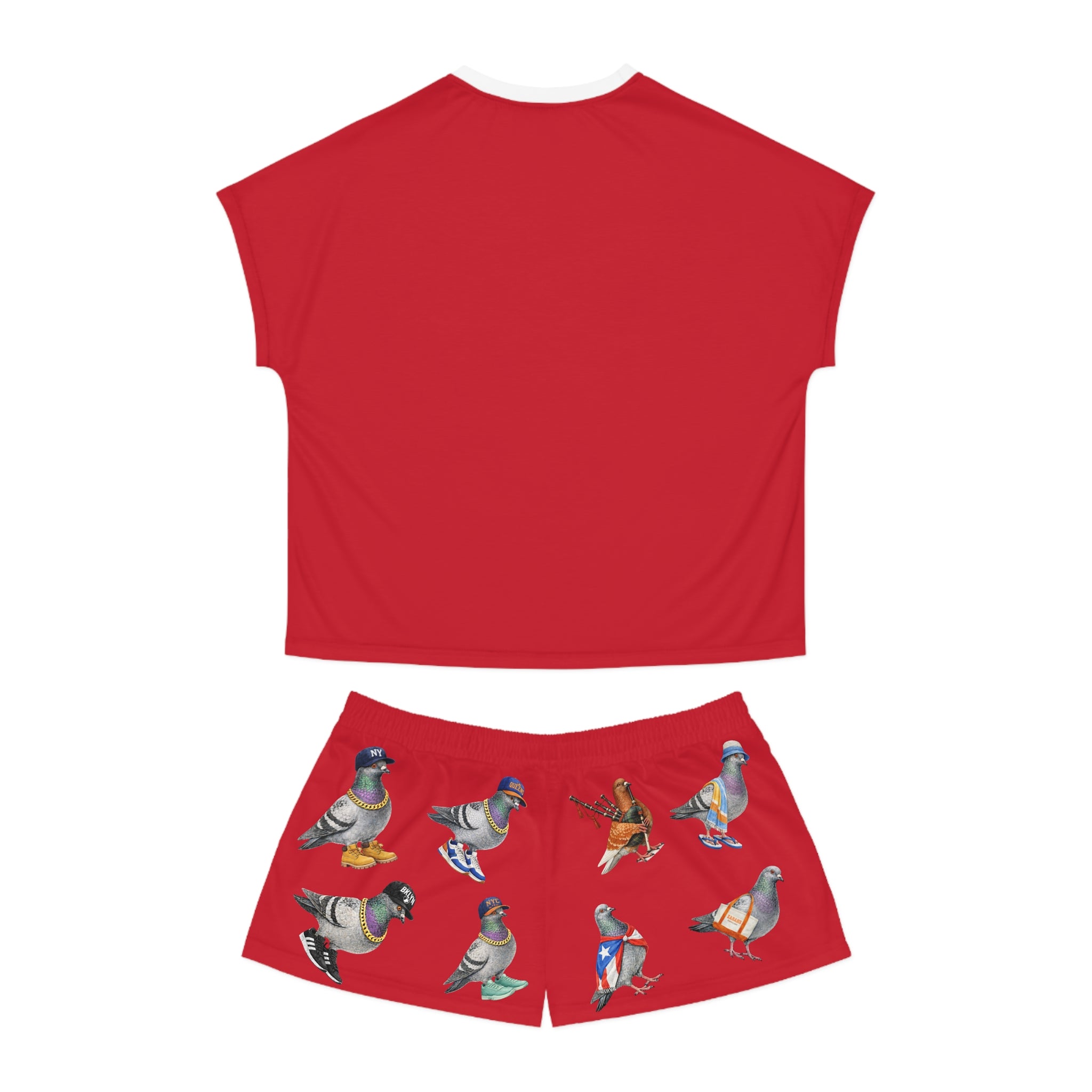 Red NYC Pigeons Pattern Short Pajama Set | New York City Bird Lovers PJs Cozy Sleepwear