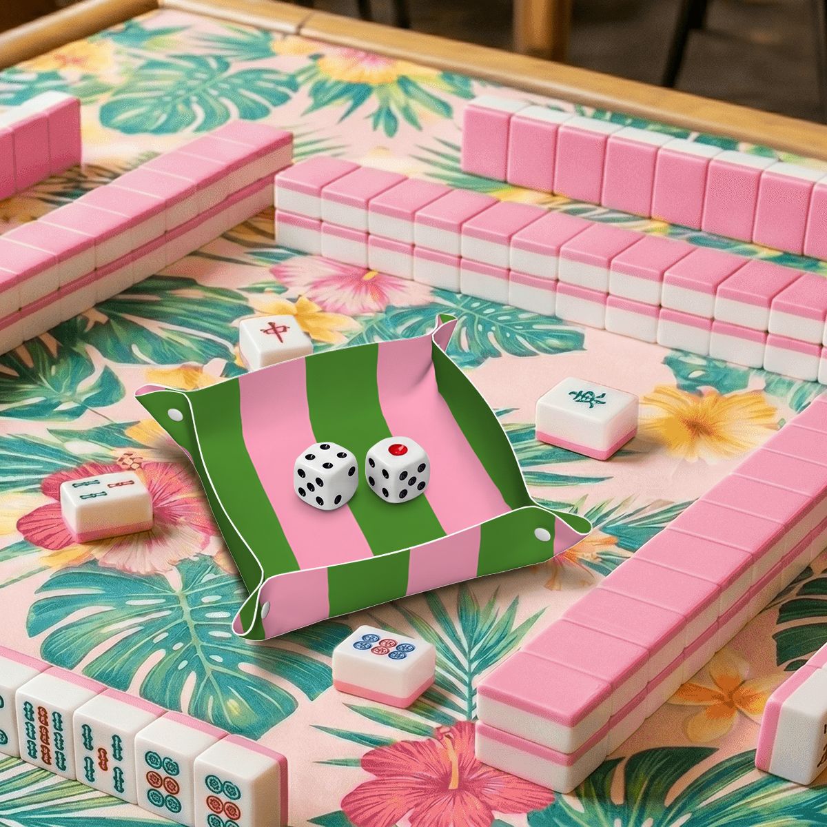 Pink and Green Stripes Mahjong Dice Tray