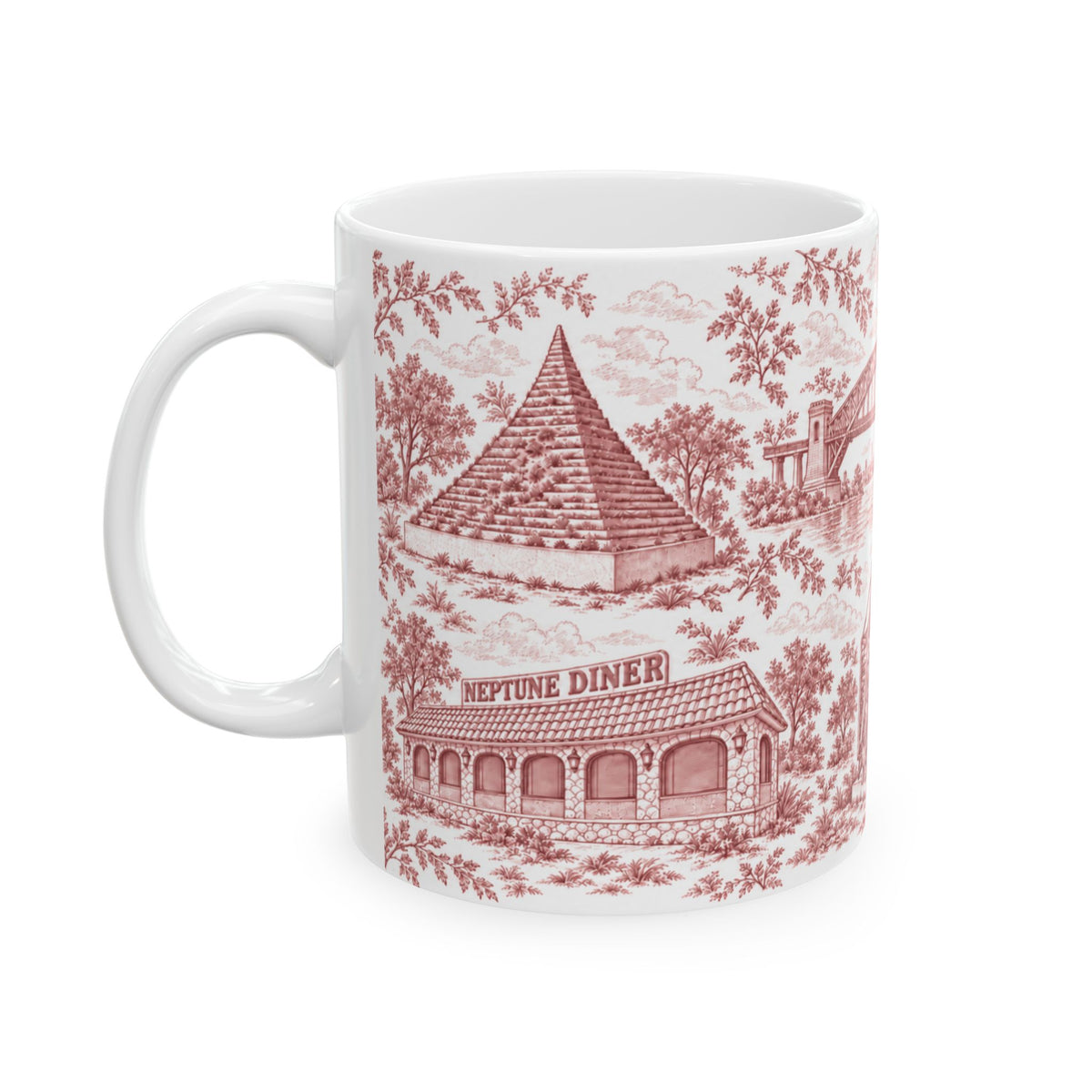 Astoria Red Toile Cityscape Ceramic Mug — 11oz Decorative Coffee Cup