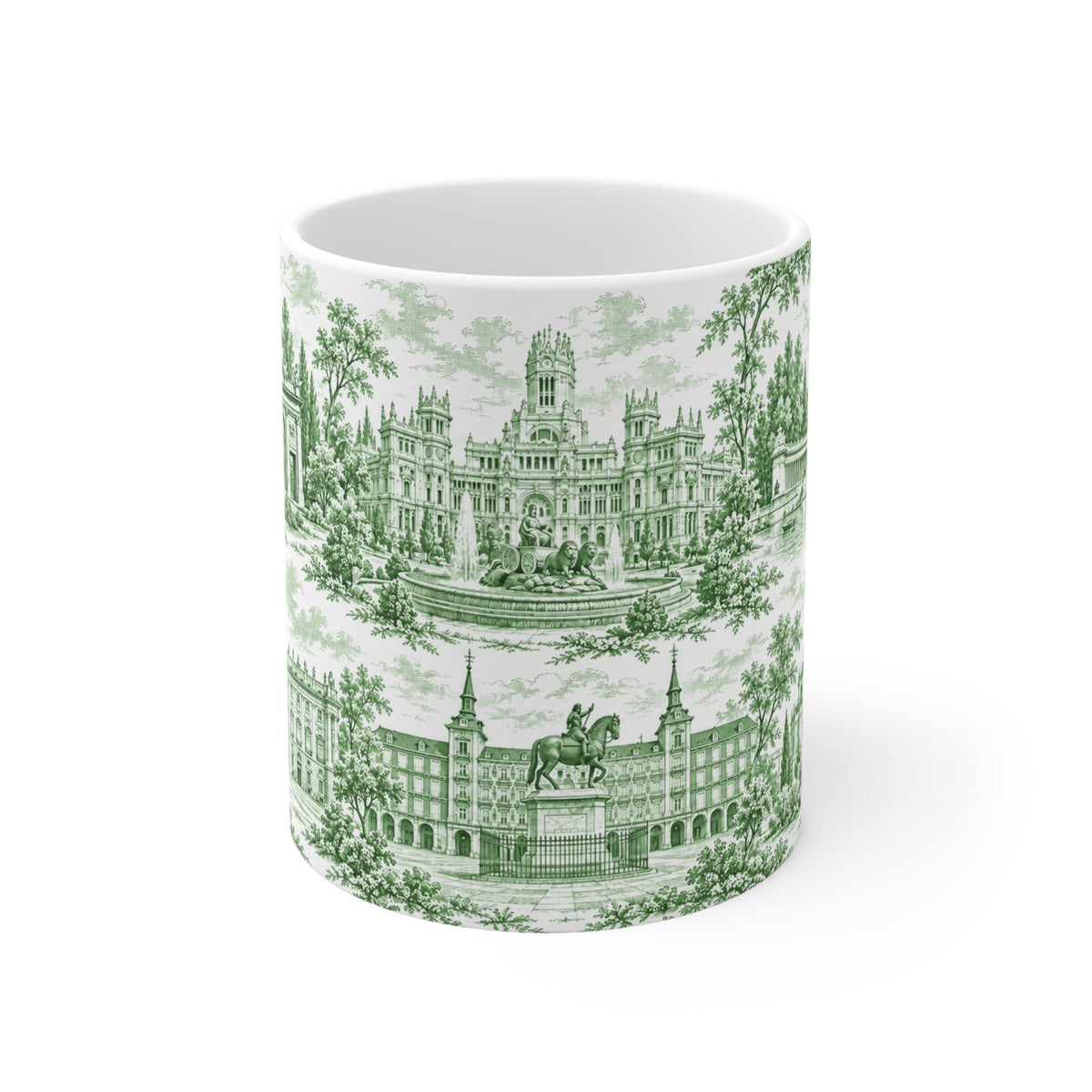 Madrid Green Toile de Jouy Ceramic Mug — (11oz; Ships from Europe)