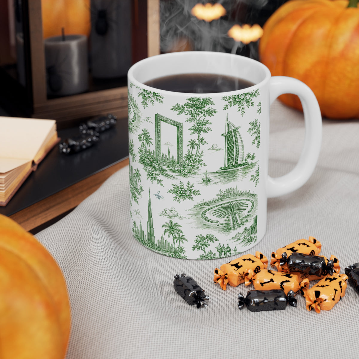 Dubai Green Toile de Jouy Ceramic Mug -  Coffee Cup (11oz; Ships from Europe)