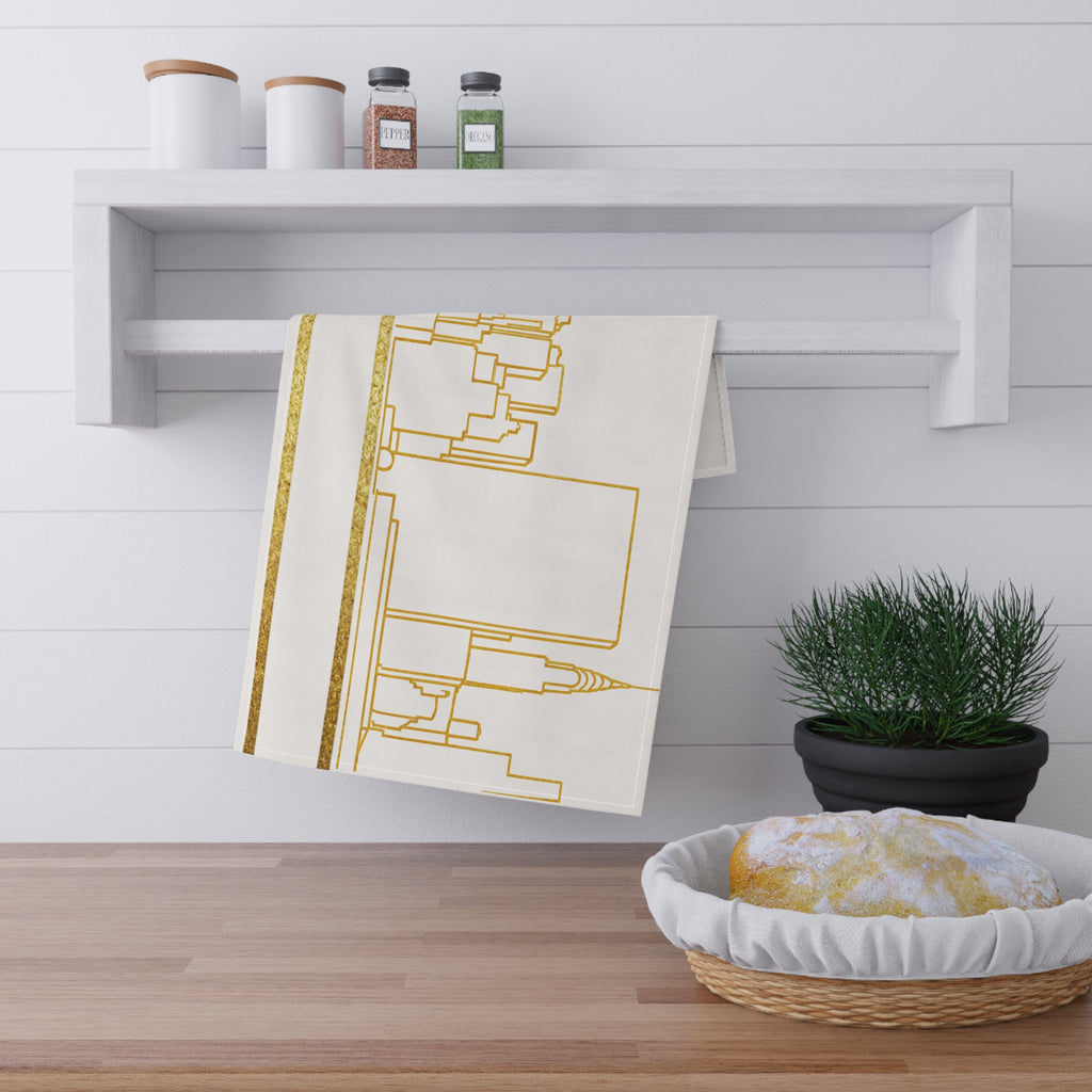 NYC Manhattan Skyline Gold Tea Towel — Minimal Gold & White New York City Skyline Kitchen Linen