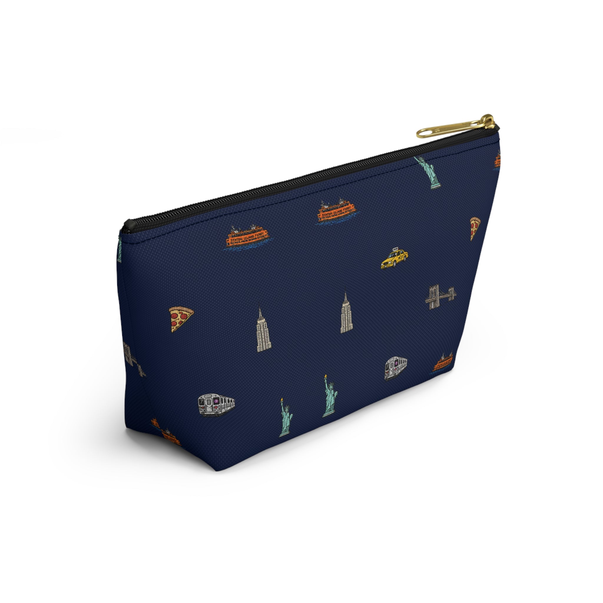Icons of New York City Navy Blue Accessory Pouch — T-Bottom Makeup Bag with Statue of Liberty, Taxi & Pizza Pattern