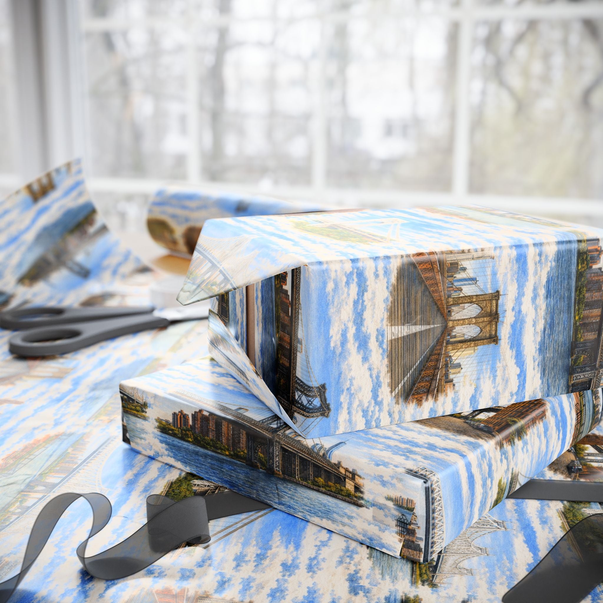 The Bridges of New York County Sky Toile NYC Gift Wrapping Paper | New York City Brooklyn Bridge DUMBO Manhattan Toile Pattern Roll