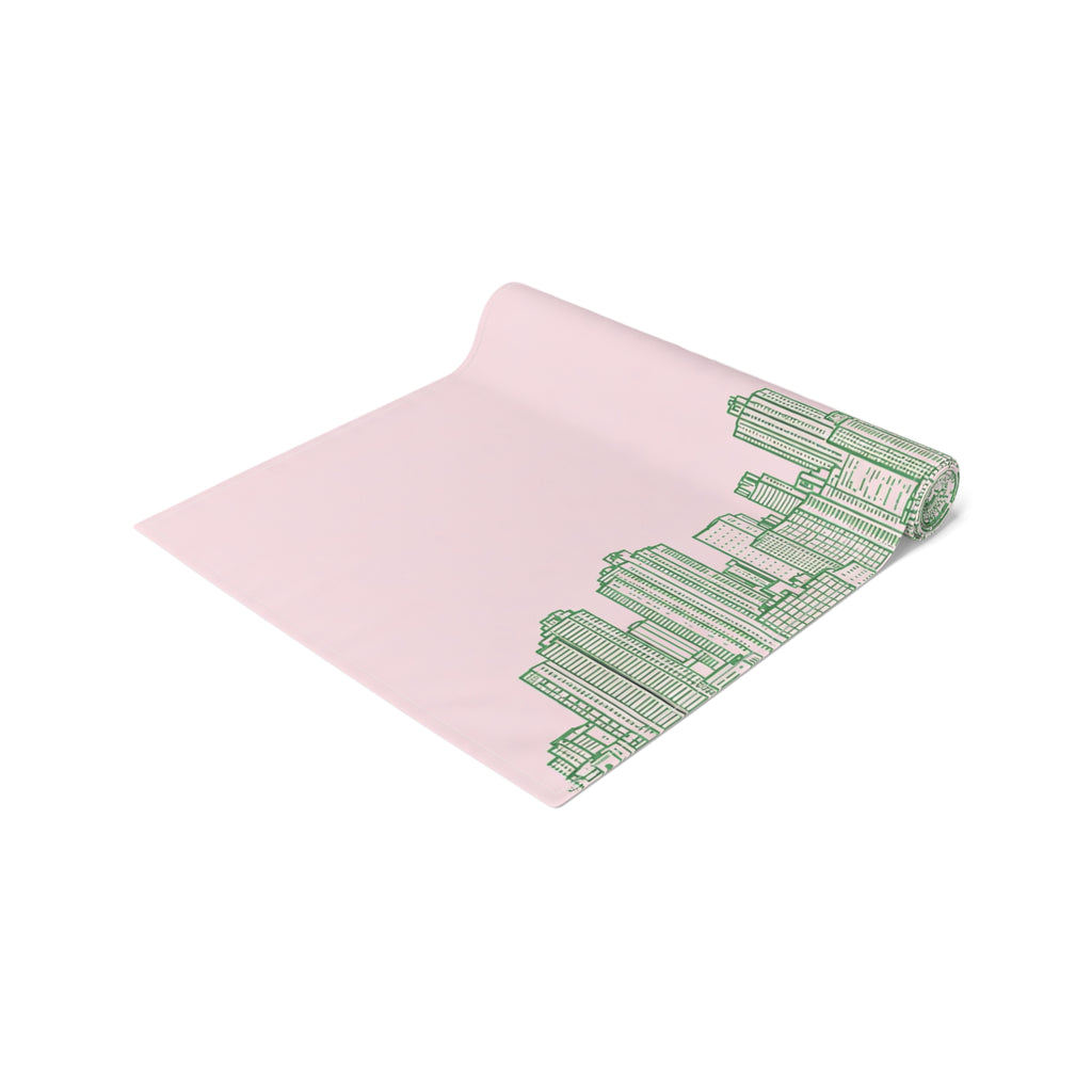 Pink & Green New York City Skyline Table Runner — NYC Manhattan Skyline Dining Table Decor