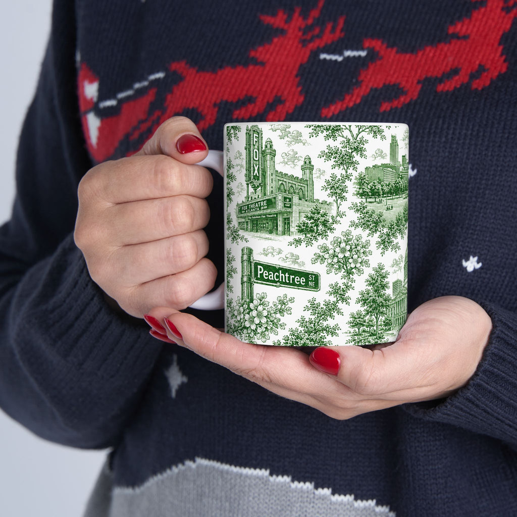 Atlanta Green Toile de Jouy Ceramic Mug — Atlanta, Georgia Skyline & Capitol Illustration (11oz)