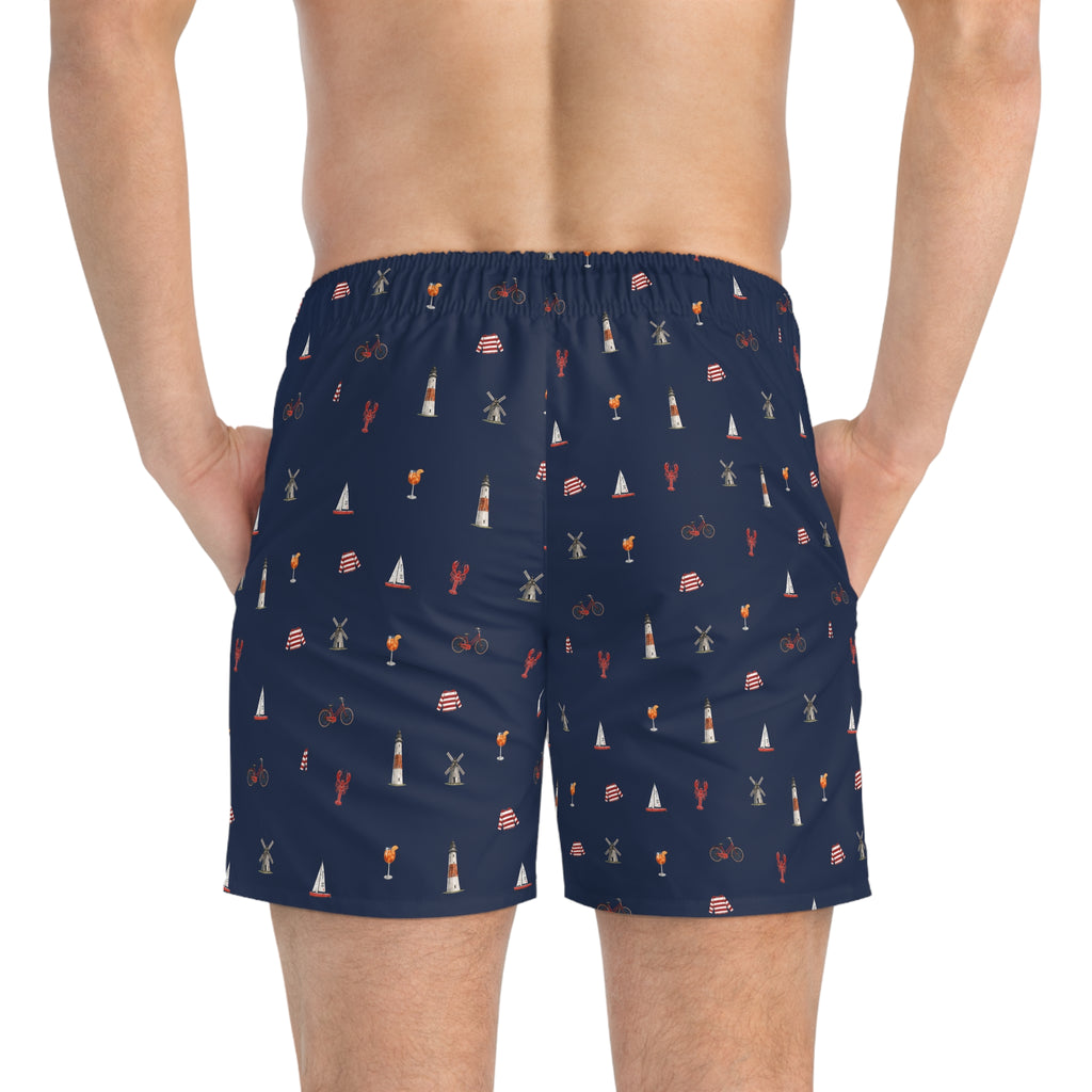 Icons of the Hamptons Swim Trunks — Men's Navy All-Over Coastal Pattern