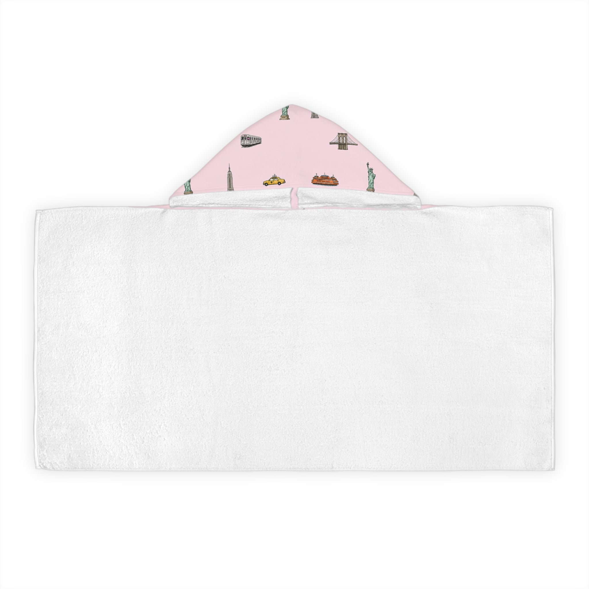 Icons of New York City Pink Hooded Kids Towel — Statue of Liberty, Pizza & Skyline Childrens Towel