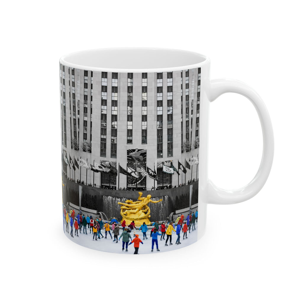 Rockefeller Center Ice Skating Scene Mug | NYC Gold Prometheus Ceramic Coffee Cup